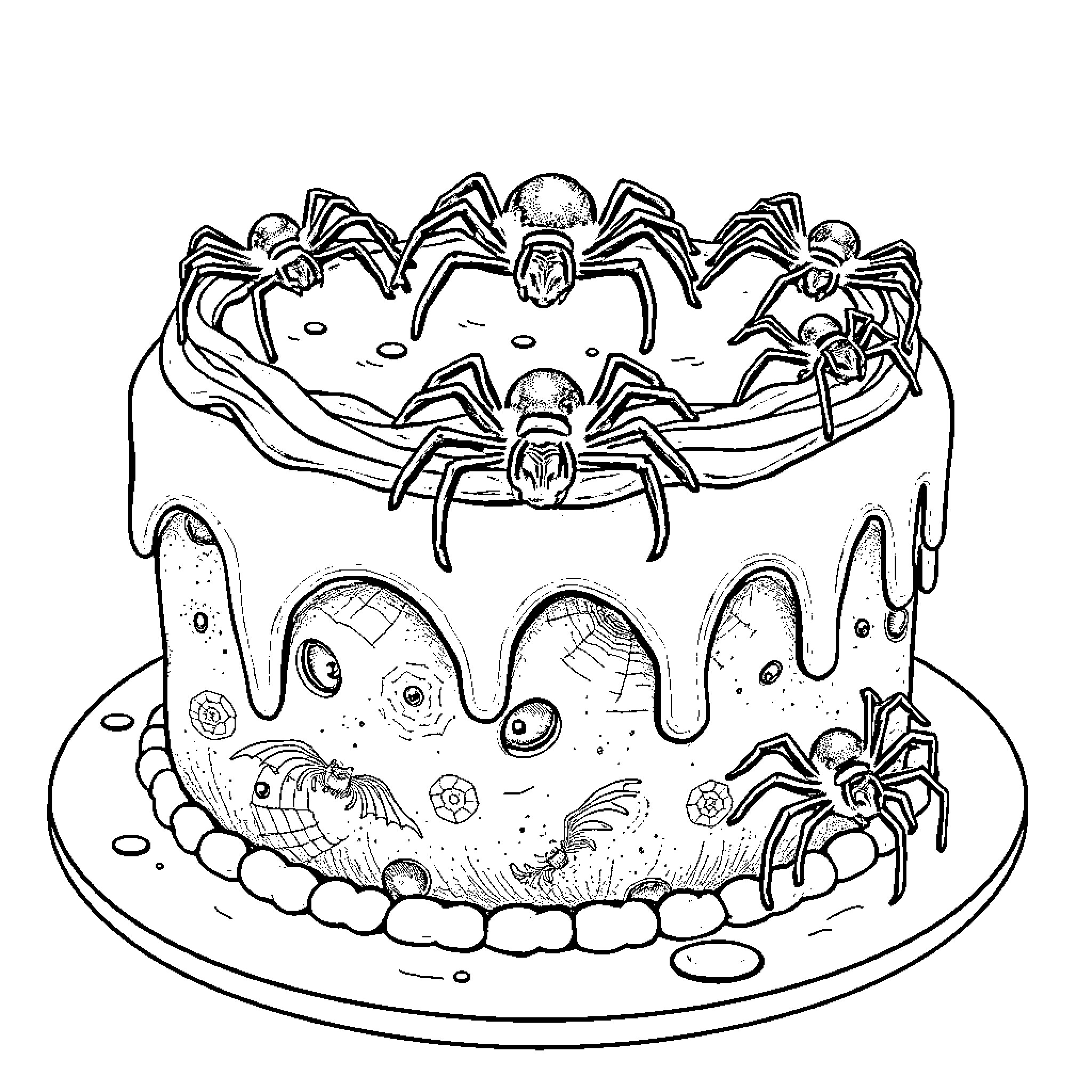 Halloween Cake with Spooky Spiders and Creatures Coloring Page (free black-and-white line drawing printable PDF for all, from beginners to advanced learners, including children, teens, adults, and seniors)