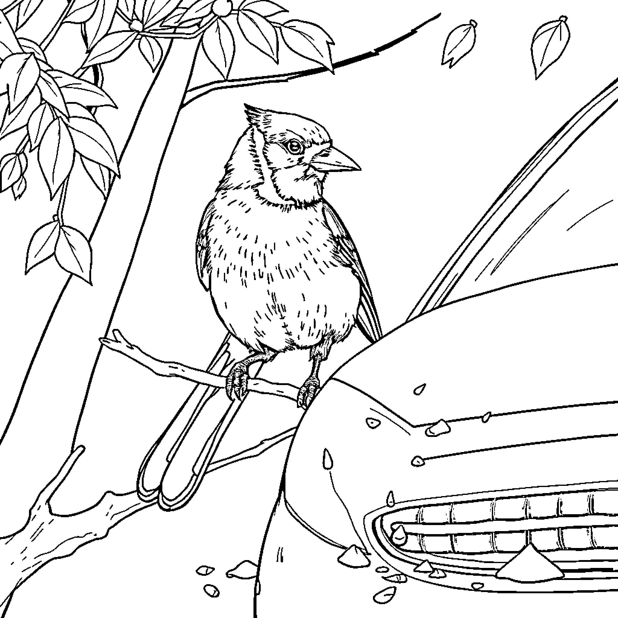 Jay perching on a branch with falling leaves Coloring Page (free black-and-white line drawing printable PDF for all, from beginners to advanced learners, including children, teens, adults, and seniors)