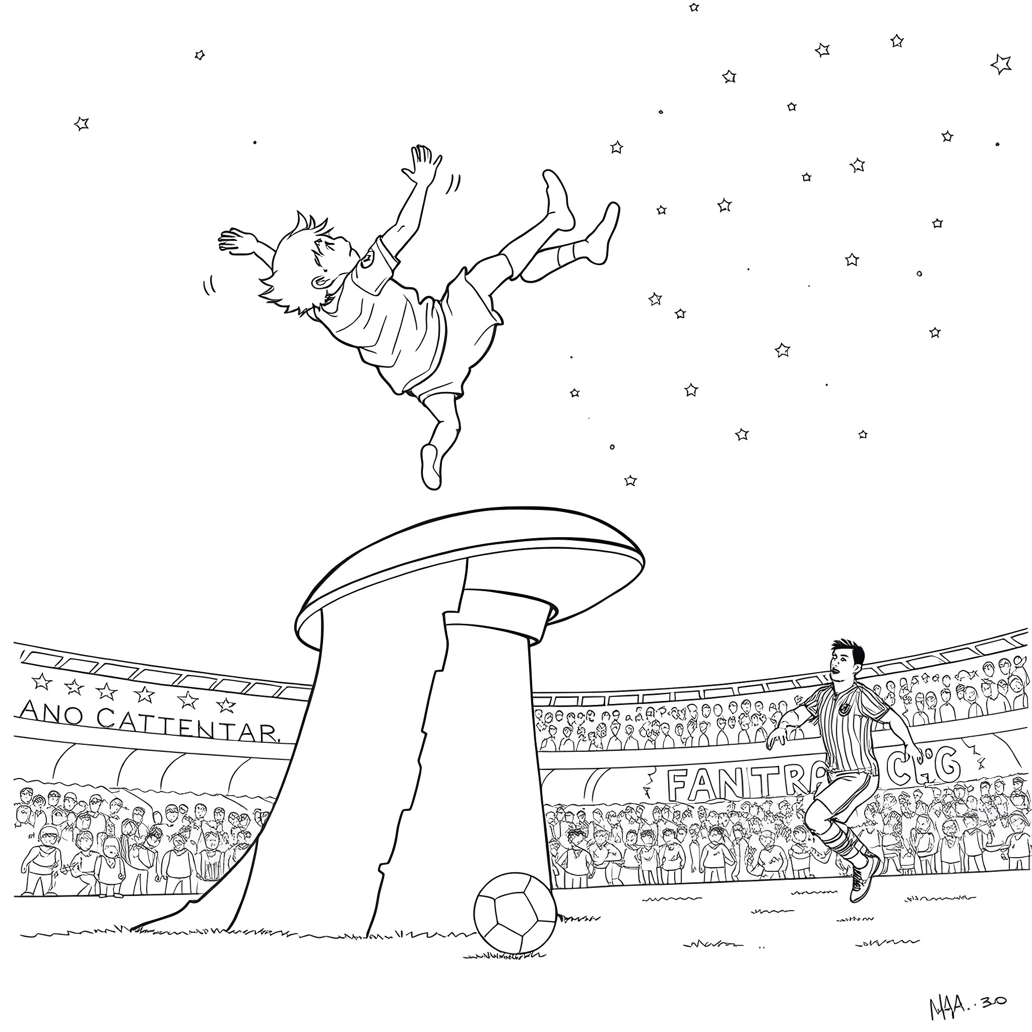Grandma's wild soccer celebration Coloring Page (free black-and-white line drawing printable PDF for all, from beginners to advanced learners, including children, teens, adults, and seniors)