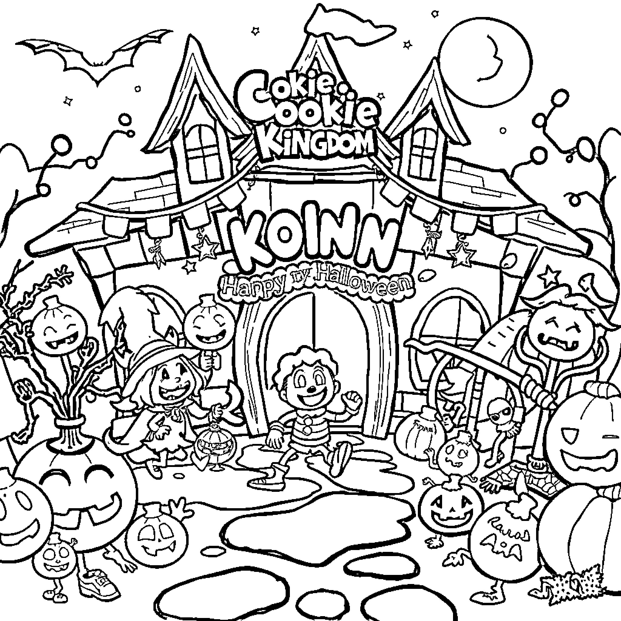 Cookie Run Kingdom Halloween Adventure Coloring Page (free black-and-white line drawing printable PDF for all, from beginners to advanced learners, including children, teens, adults, and seniors)