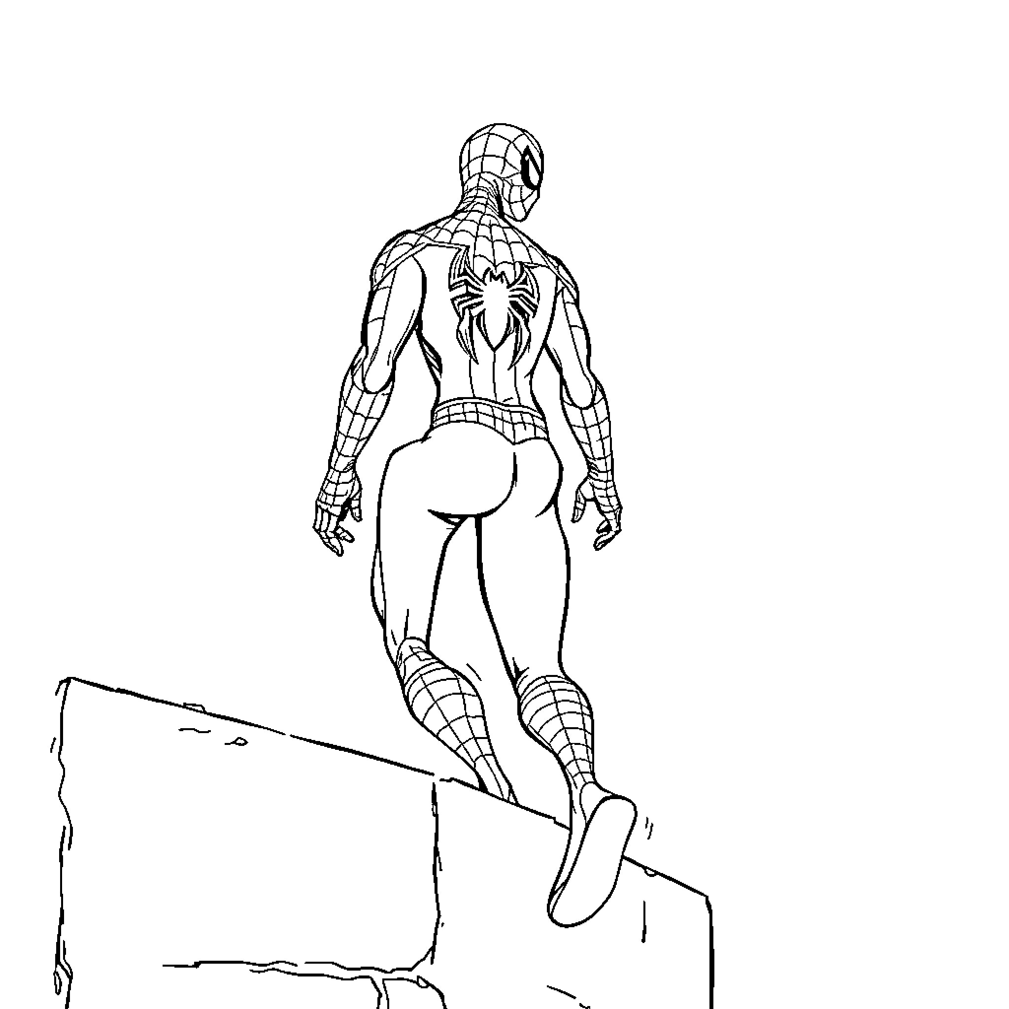 Spiderman Scaling Cliff with Heroic Pose Coloring Page (free black-and-white line drawing printable PDF for all, from beginners to advanced learners, including children, teens, adults, and seniors)