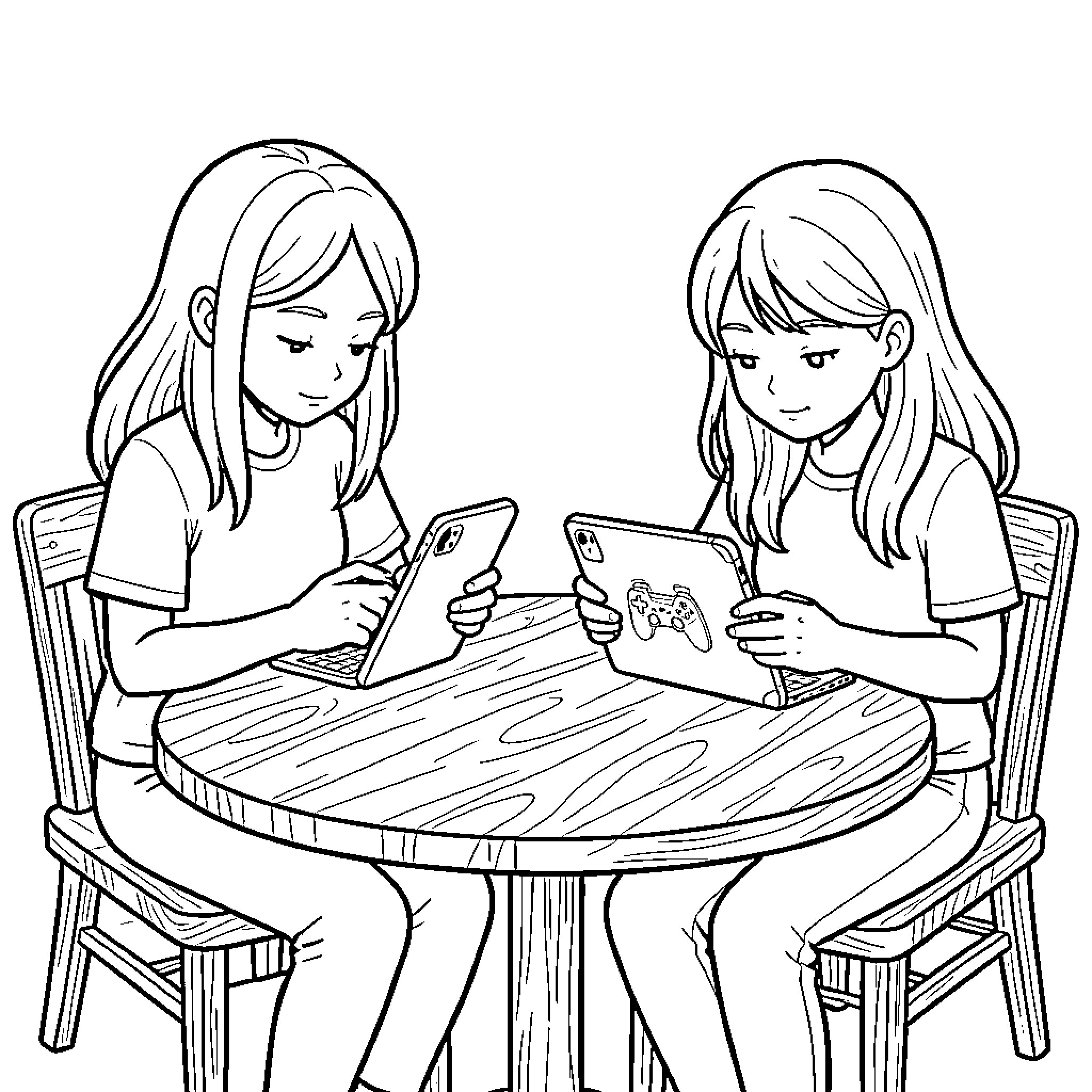 Girl sitting at a table using digital tablets Coloring Page (free black-and-white line drawing printable PDF for all, from beginners to advanced learners, including children, teens, adults, and seniors)