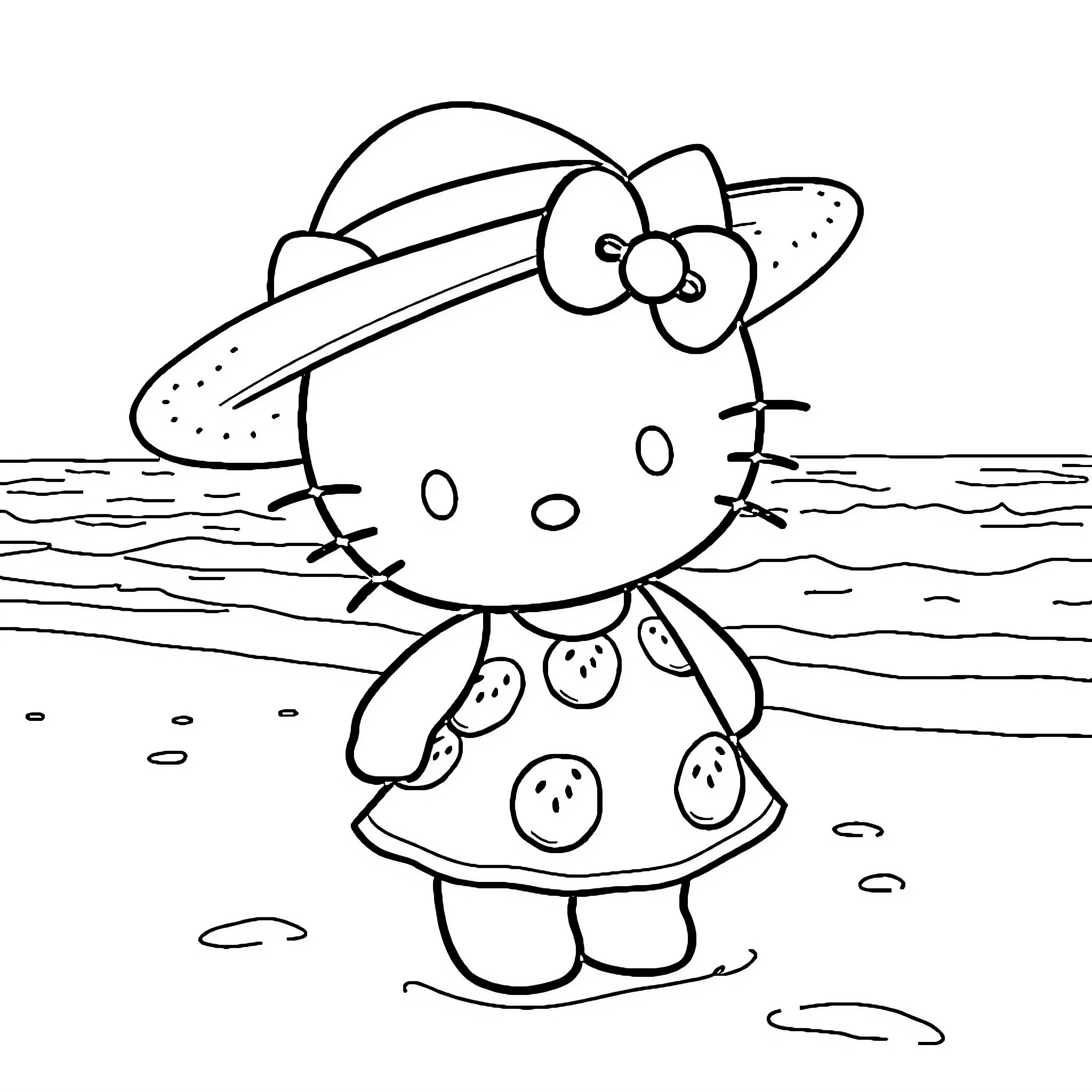 Hello Kitty Enjoying a Beach Day Coloring Page (free black-and-white line drawing printable PDF for all, from beginners to advanced learners, including children, teens, adults, and seniors)