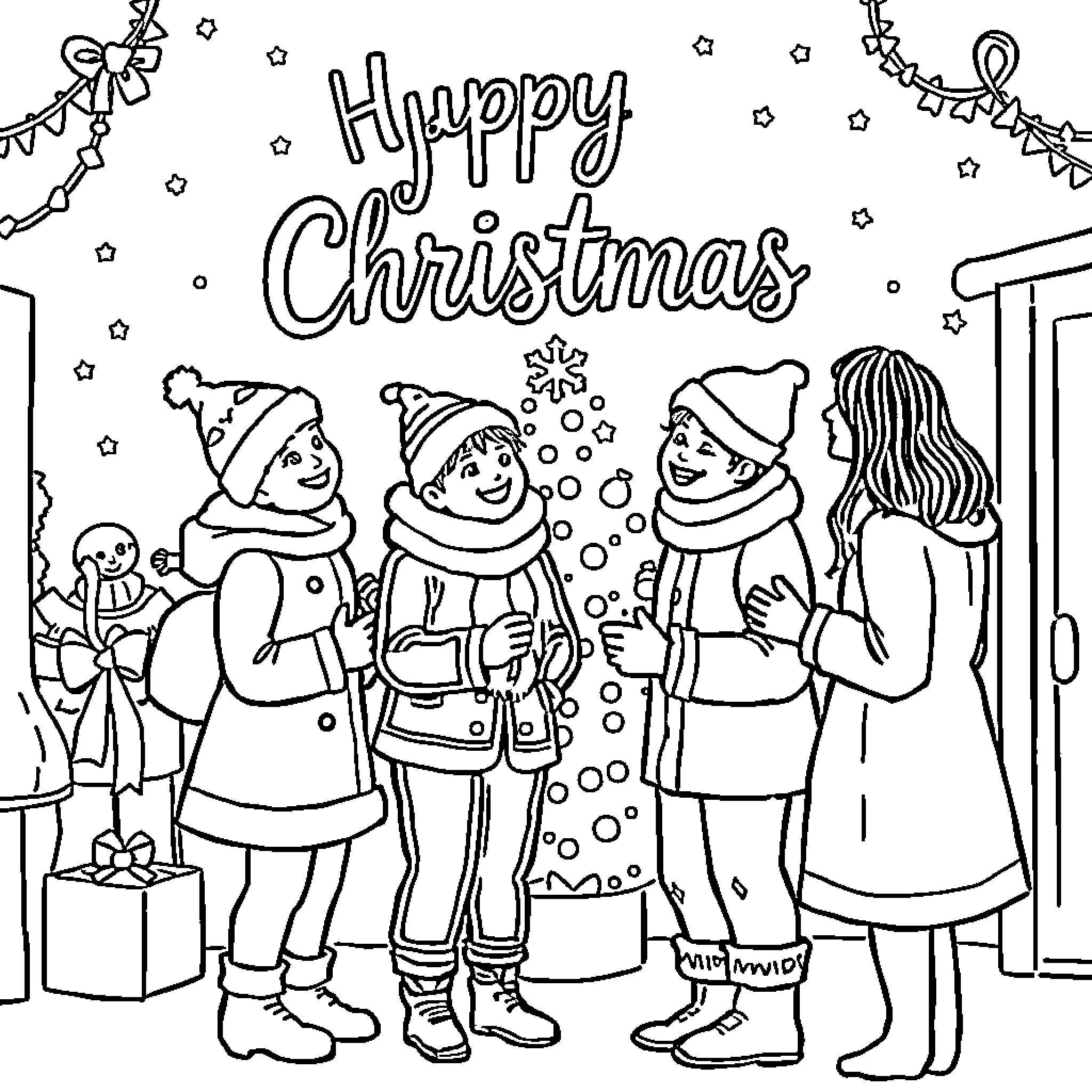 Christmas Celebration with Family and Friends Coloring Page (free black-and-white line drawing printable PDF for all, from beginners to advanced learners, including children, teens, adults, and seniors)