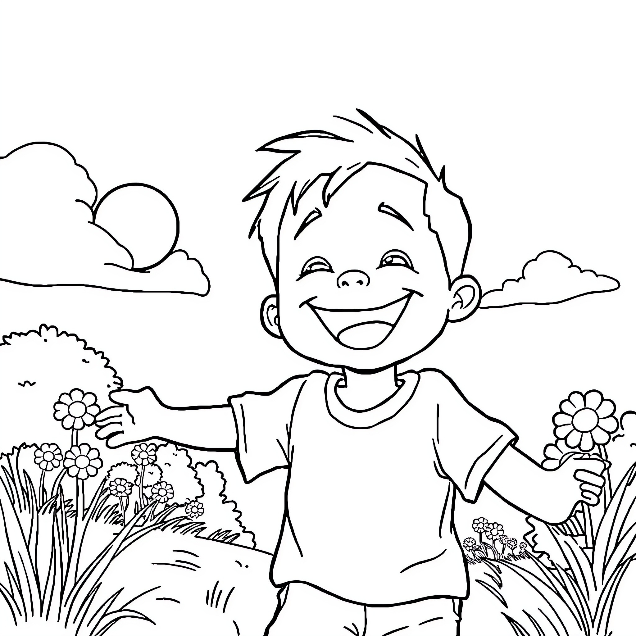 Kid Enjoying Nature's Beauty in Outdoor Scenery Coloring Page (free black-and-white line drawing printable PDF for all, from beginners to advanced learners, including children, teens, adults, and seniors)