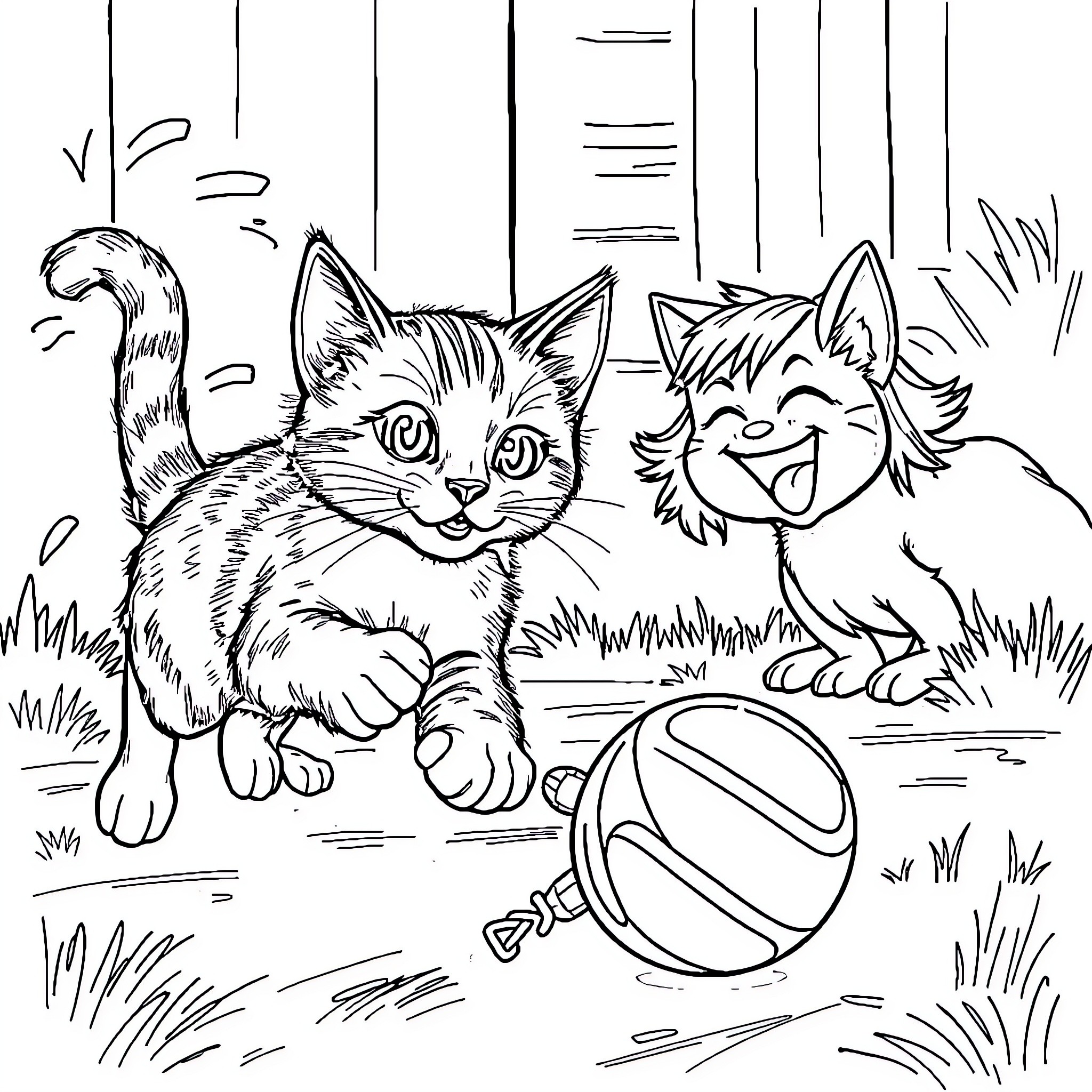 Cat playing joyfully with friends outdoors Coloring Page (free black-and-white line drawing printable PDF for all, from beginners to advanced learners, including children, teens, adults, and seniors)