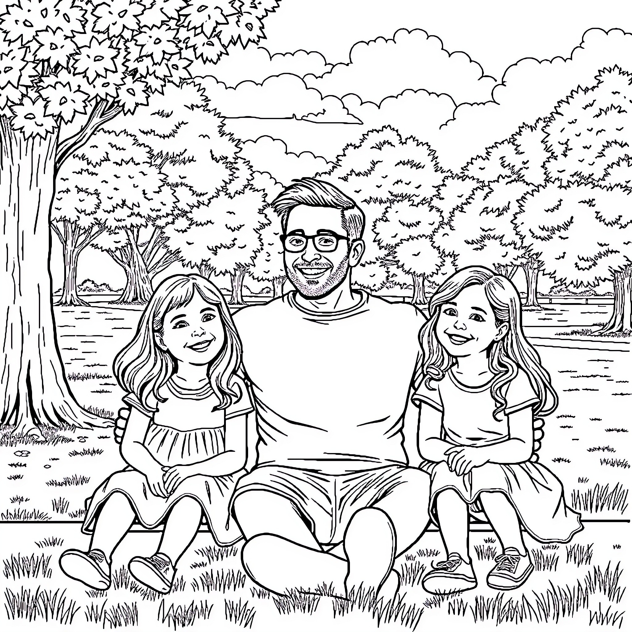 Daddy enjoying an outdoor outing with his daughters Coloring Page (free black-and-white line drawing printable PDF for all, from beginners to advanced learners, including children, teens, adults, and seniors)