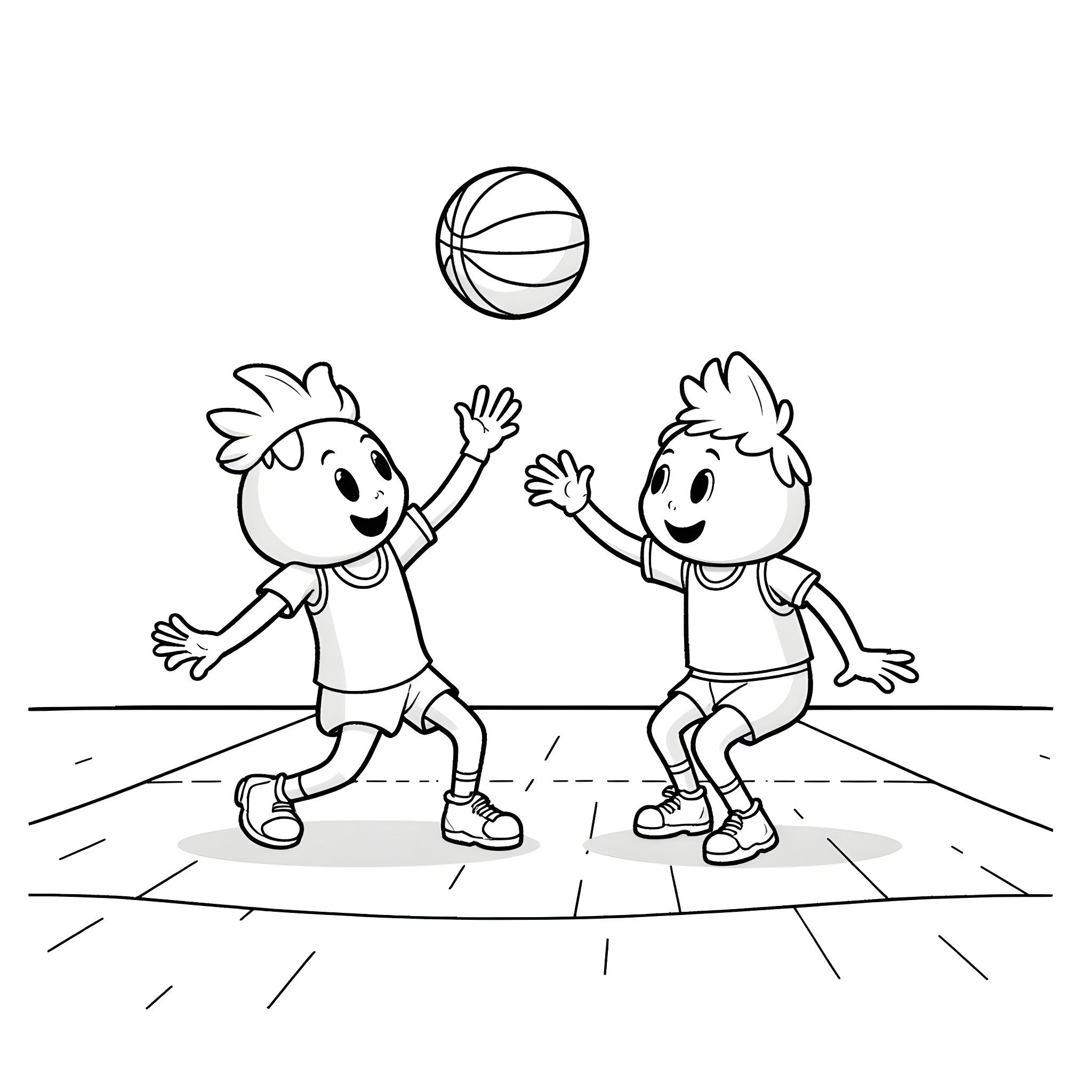 Creeper boys playing basketball joyfully Coloring Page (free black-and-white line drawing printable PDF for all, from beginners to advanced learners, including children, teens, adults, and seniors)