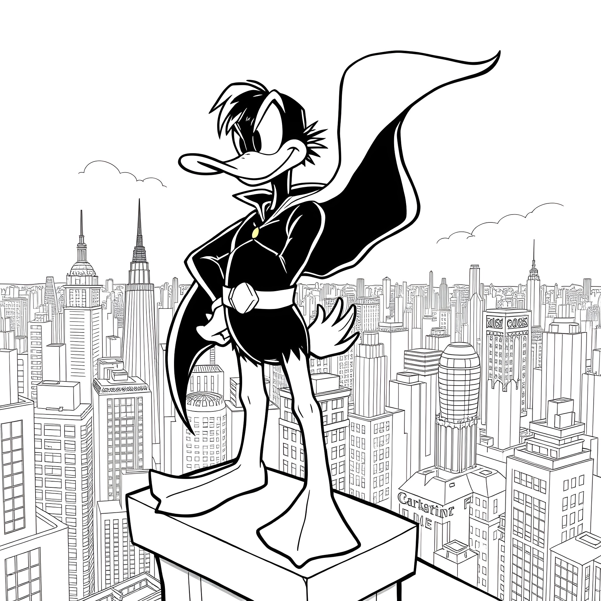 Darkwing Duck soaring over the city skyline Coloring Page (free black-and-white line drawing printable PDF for all, from beginners to advanced learners, including children, teens, adults, and seniors)