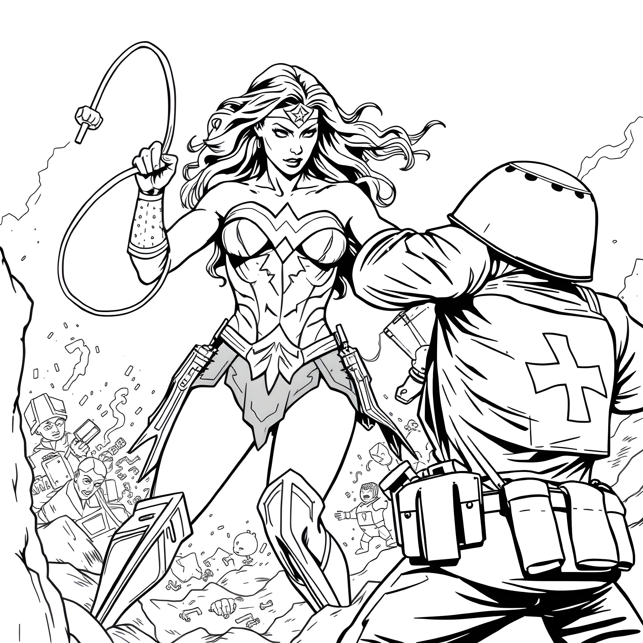 Wonder Woman fighting villains with her lasso and strength Coloring Page (free black-and-white line drawing printable PDF for all, from beginners to advanced learners, including children, teens, adults, and seniors)
