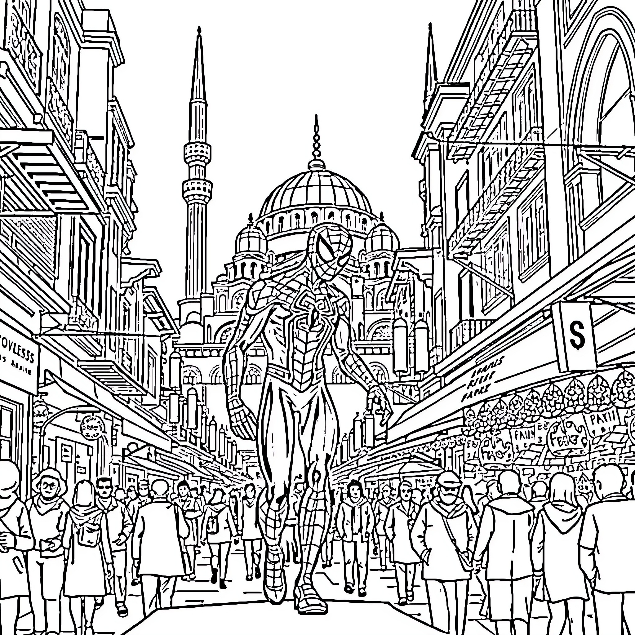 Spiderman swinging through bustling city streets Coloring Page (free black-and-white line drawing printable PDF for all, from beginners to advanced learners, including children, teens, adults, and seniors)