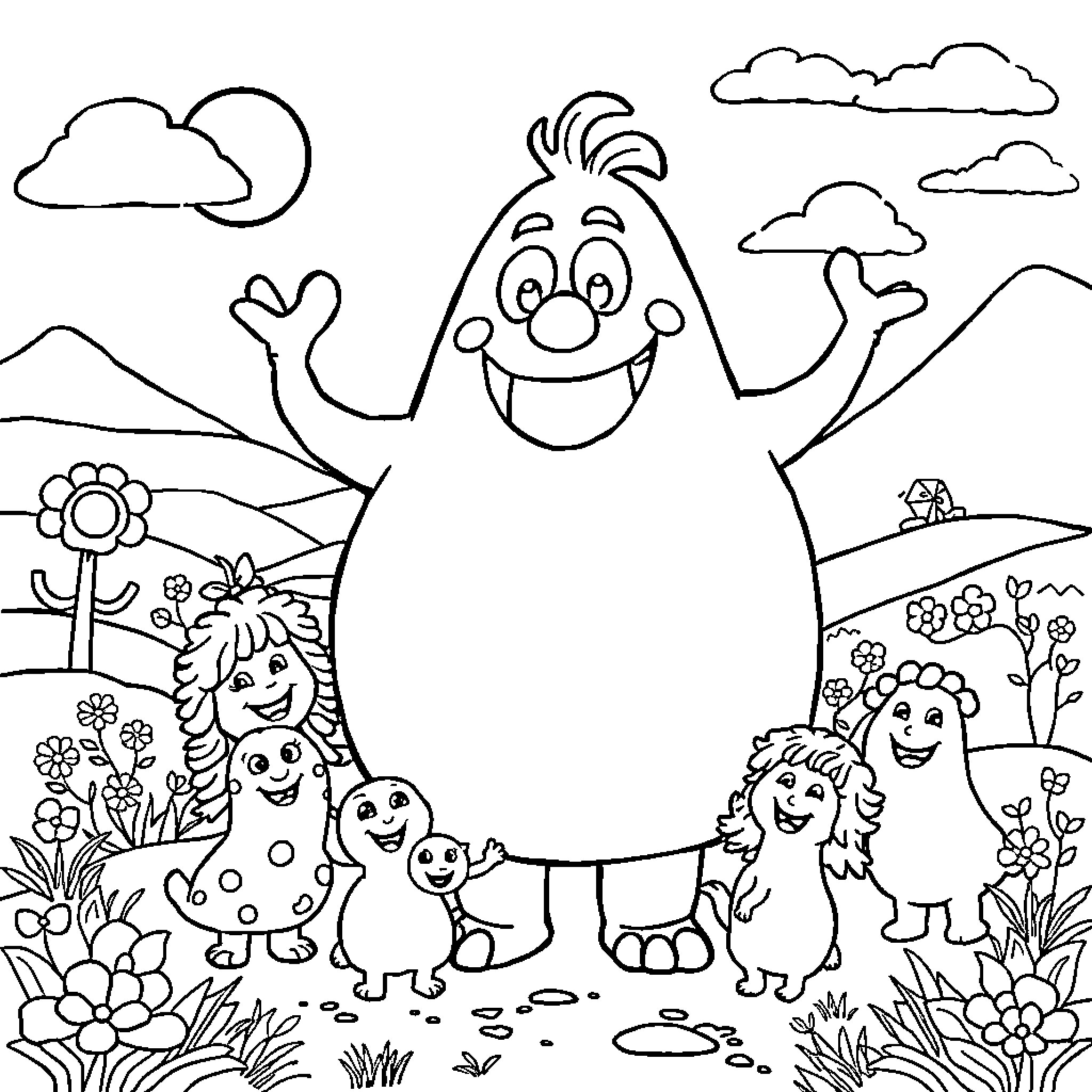 Barbapapa and his family in a vibrant nature scene Coloring Page (free black-and-white line drawing printable PDF for all, from beginners to advanced learners, including children, teens, adults, and seniors)