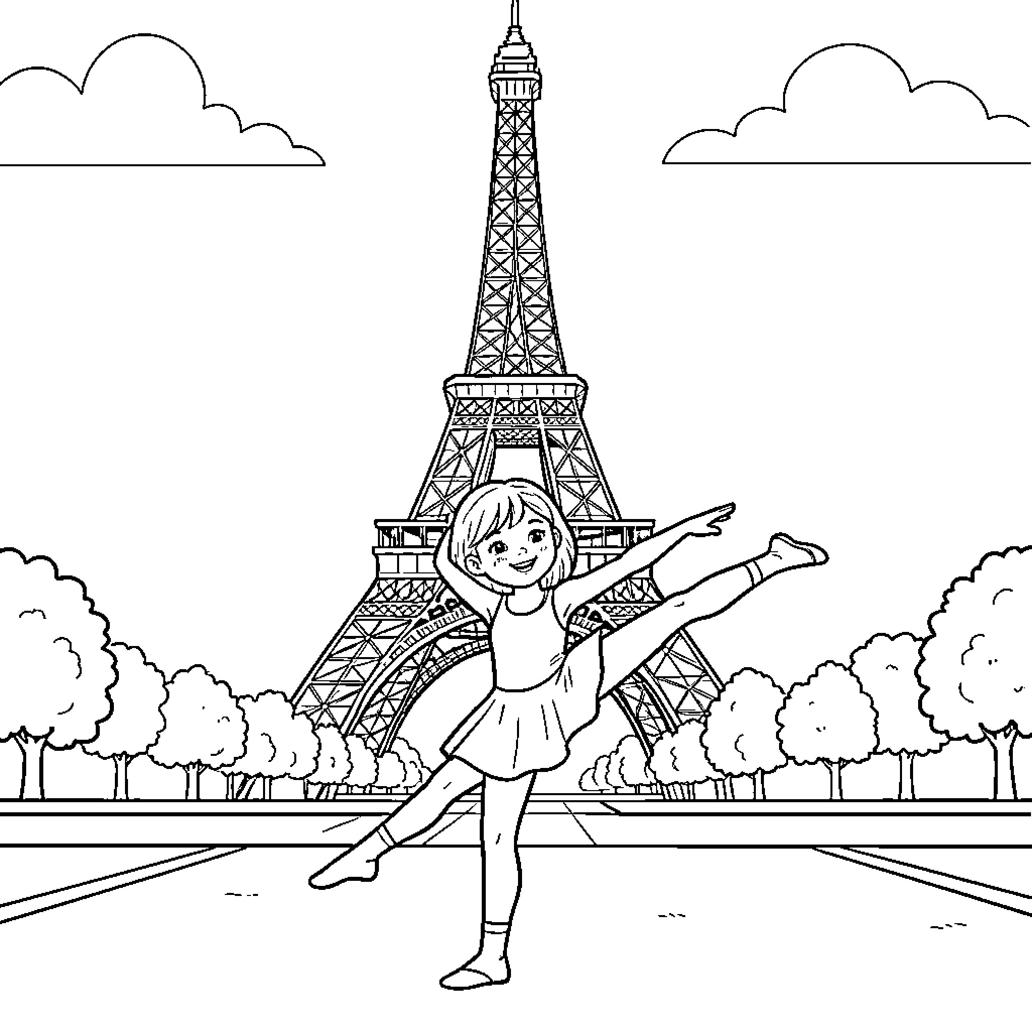 Girl Dancing Joyfully in Paris Coloring Page (free black-and-white line drawing printable PDF for all, from beginners to advanced learners, including children, teens, adults, and seniors)