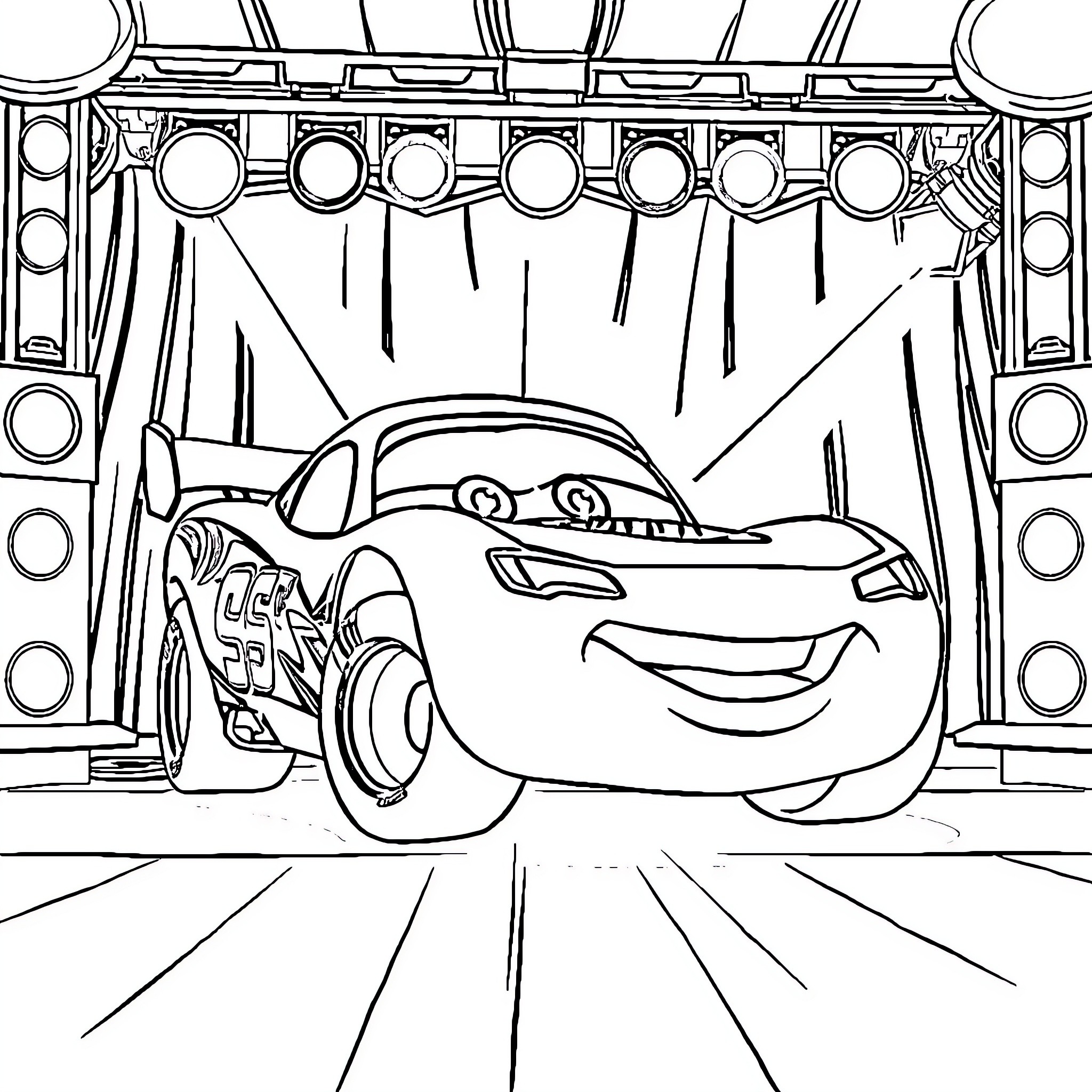 Lightning McQueen in Race Car Garage Coloring Page (free black-and-white line drawing printable PDF for all, from beginners to advanced learners, including children, teens, adults, and seniors)