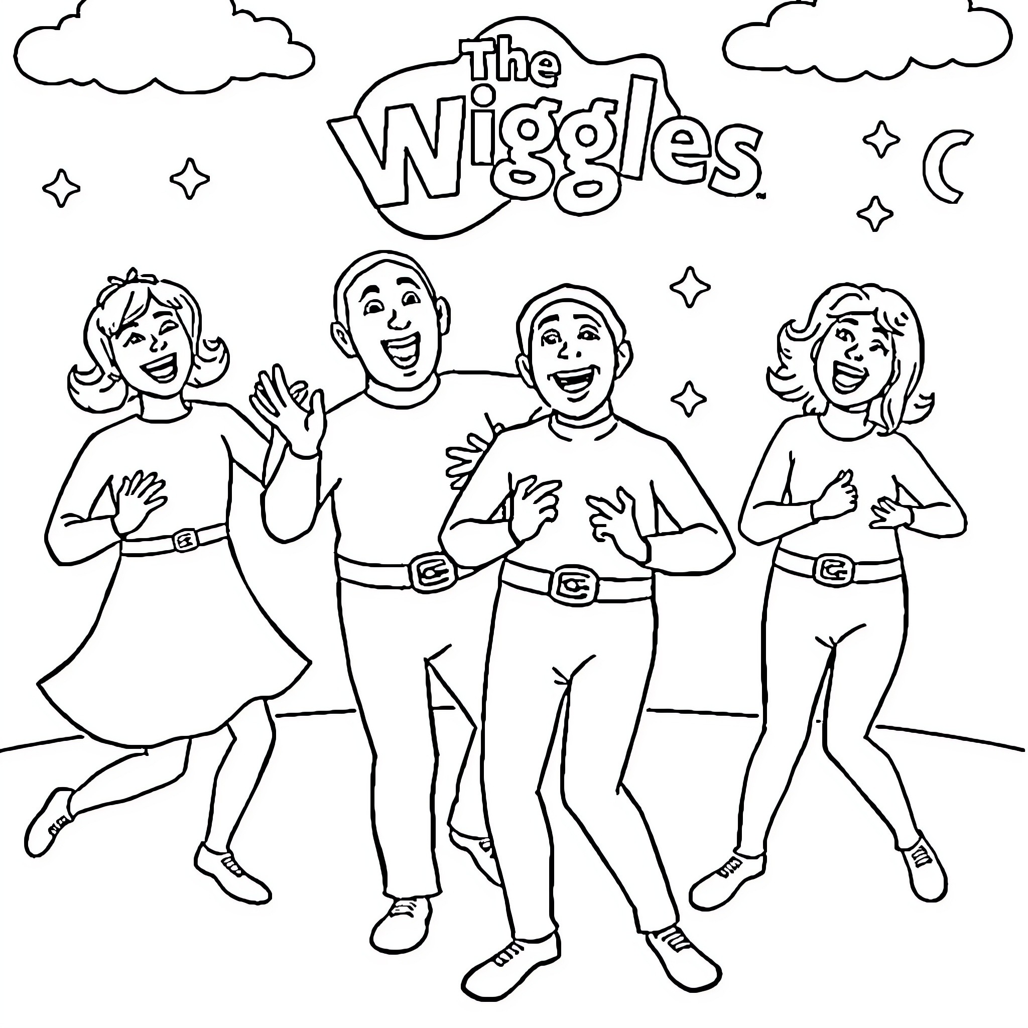 Wiggle and dance with The Wiggles Coloring Page (free black-and-white line drawing printable PDF for all, from beginners to advanced learners, including children, teens, adults, and seniors)