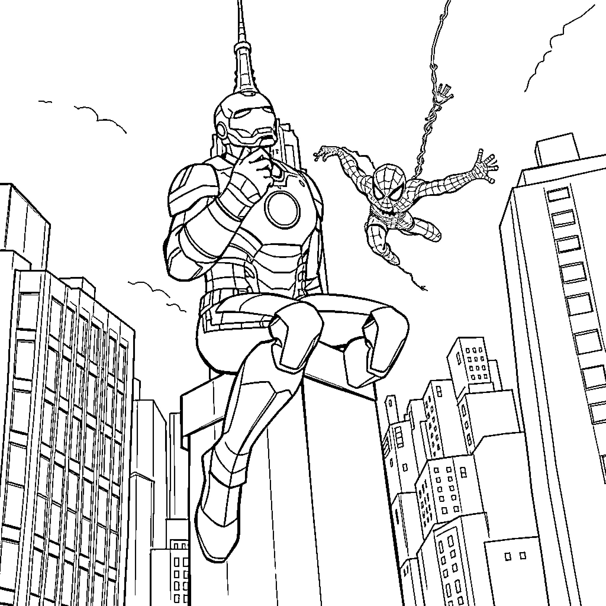 Ironman and Spiderman Heroic Duo Saving the City Coloring Page (free black-and-white line drawing printable PDF for all, from beginners to advanced learners, including children, teens, adults, and seniors)
