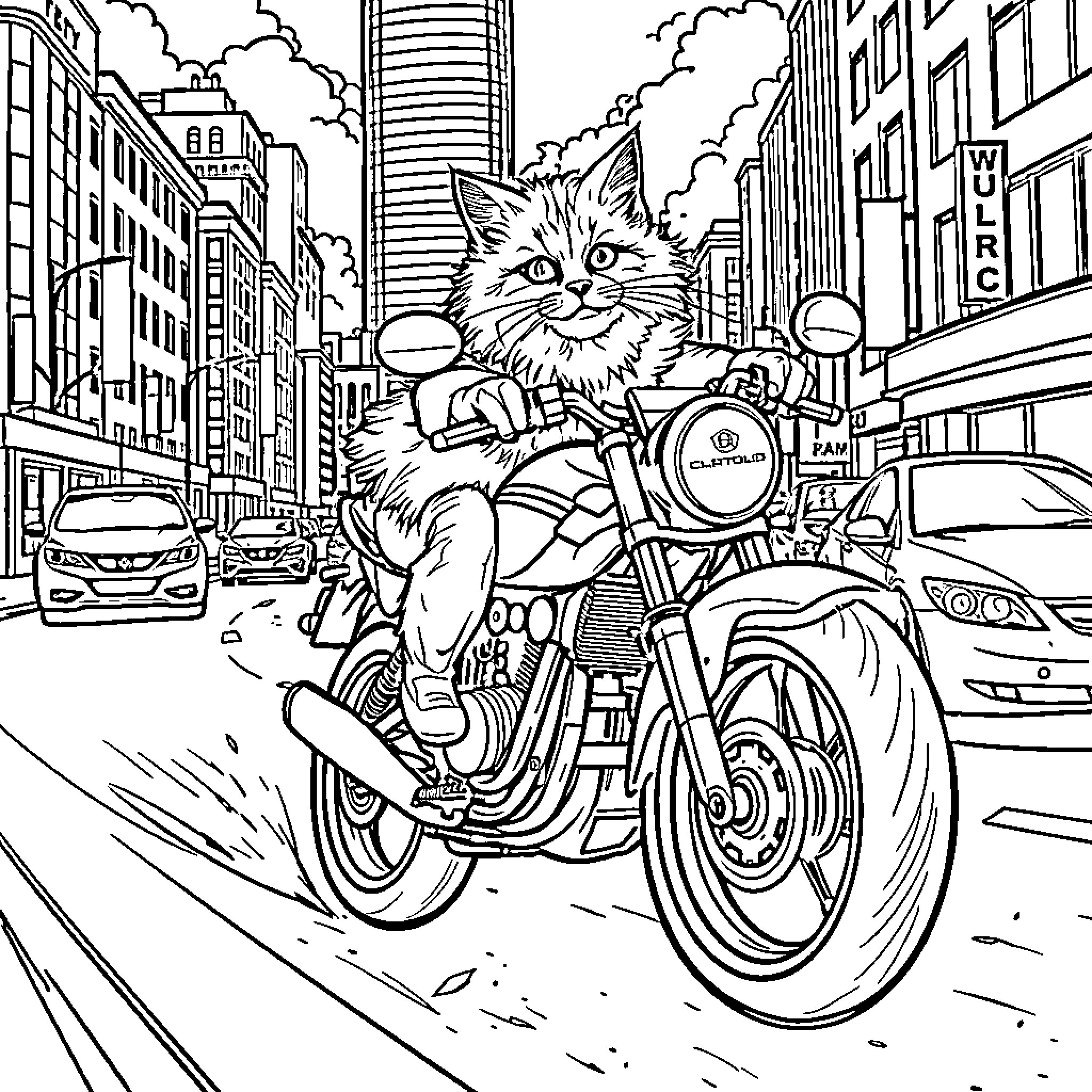 Cat riding a motorcycle through the city Coloring Page (free black-and-white line drawing printable PDF for all, from beginners to advanced learners, including children, teens, adults, and seniors)