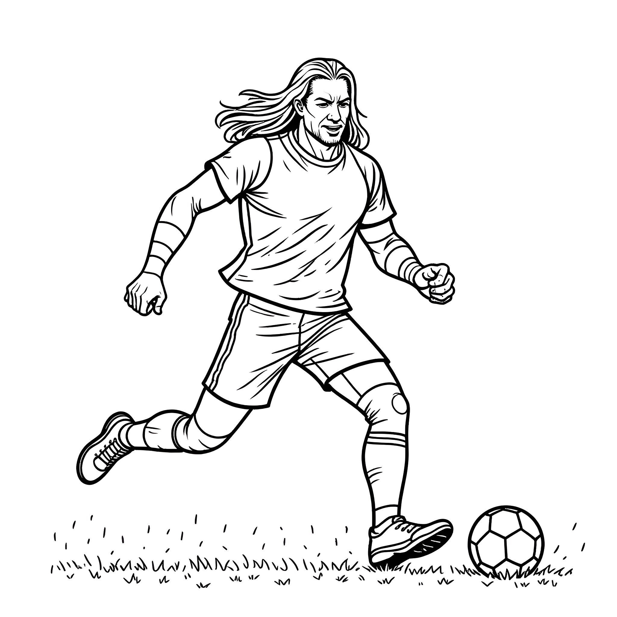 Undertaker playing soccer with determination Coloring Page (free black-and-white line drawing printable PDF for all, from beginners to advanced learners, including children, teens, adults, and seniors)