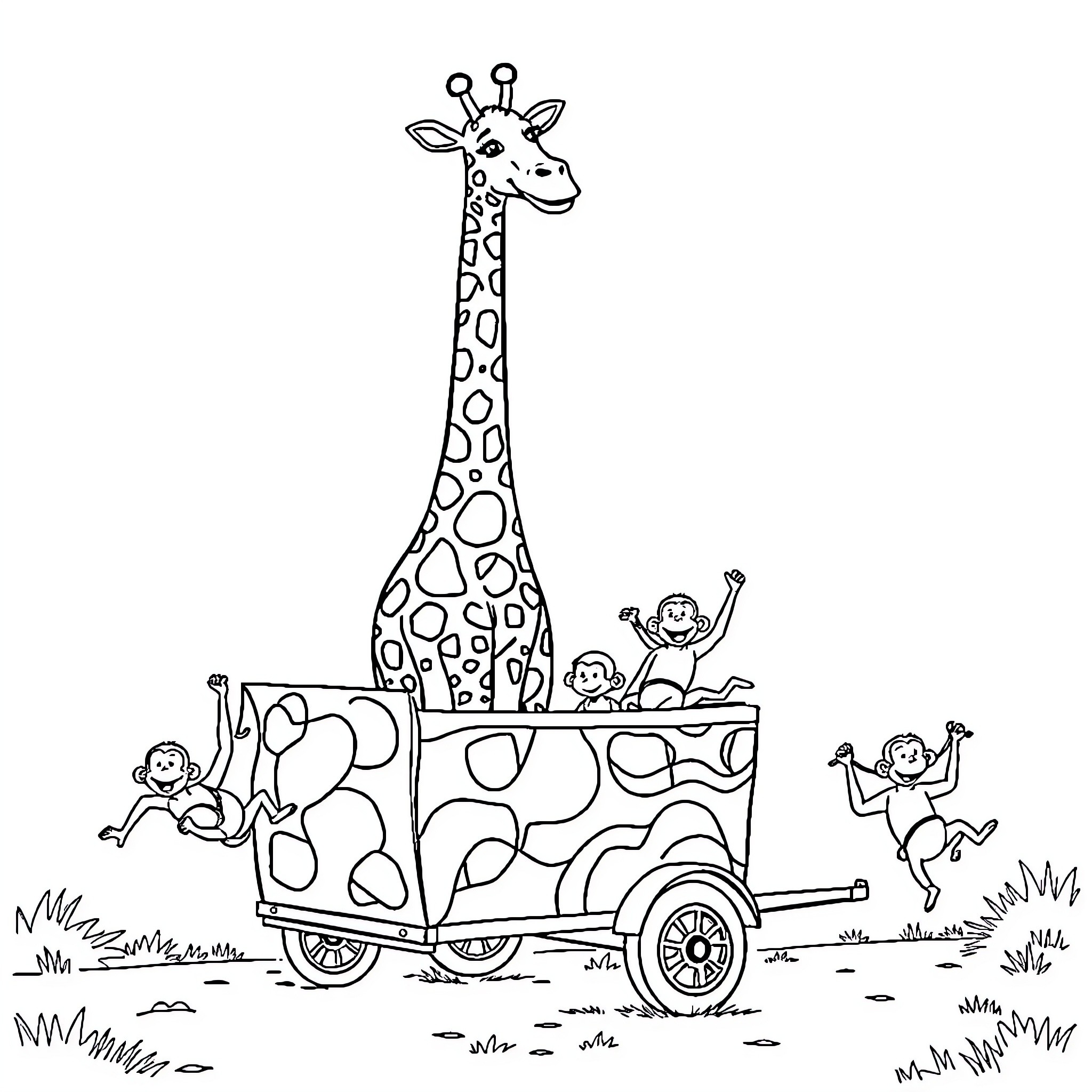 Giraffe and monkeys taking a joyful ride Coloring Page (free black-and-white line drawing printable PDF for all, from beginners to advanced learners, including children, teens, adults, and seniors)