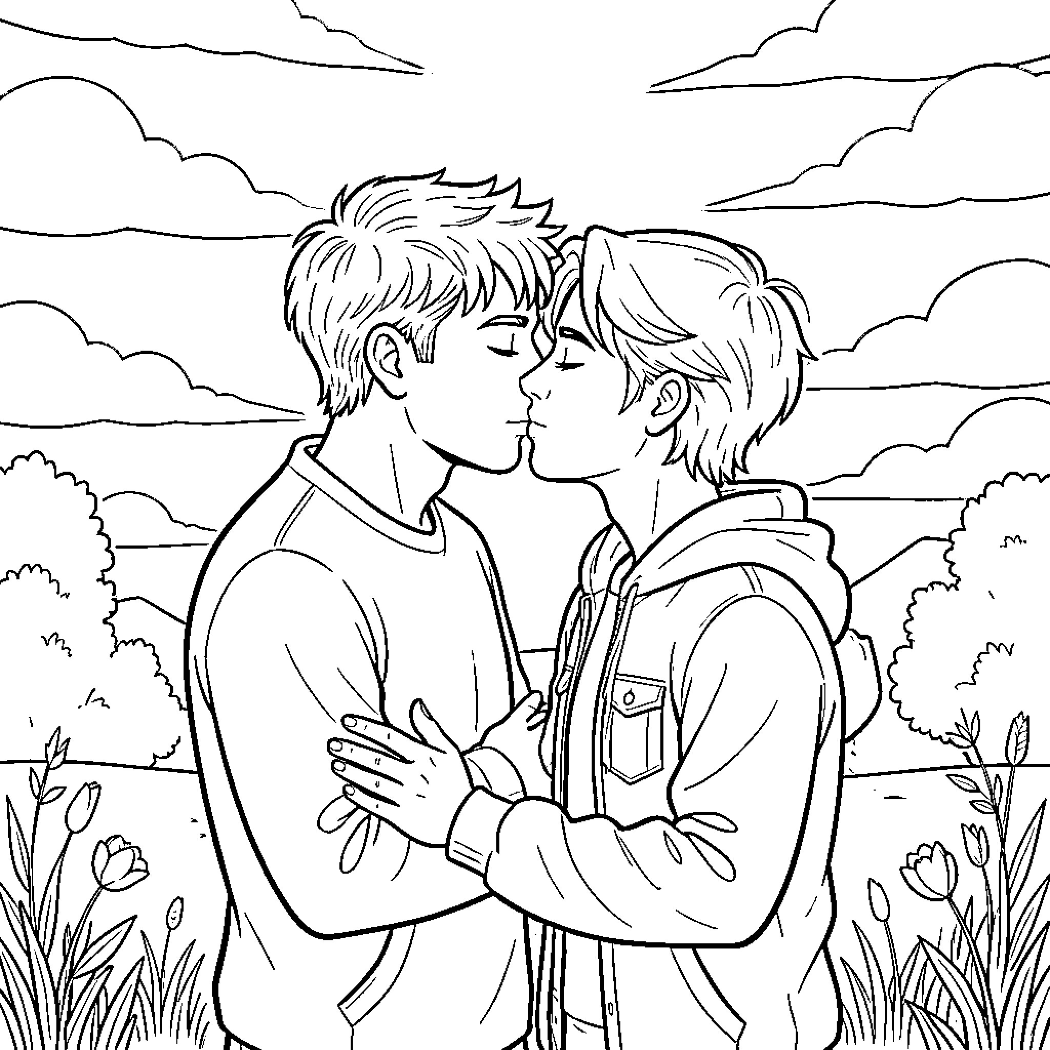 Pareja en un momento íntimo al aire libre Coloring Page (free black-and-white line drawing printable PDF for all, from beginners to advanced learners, including children, teens, adults, and seniors)