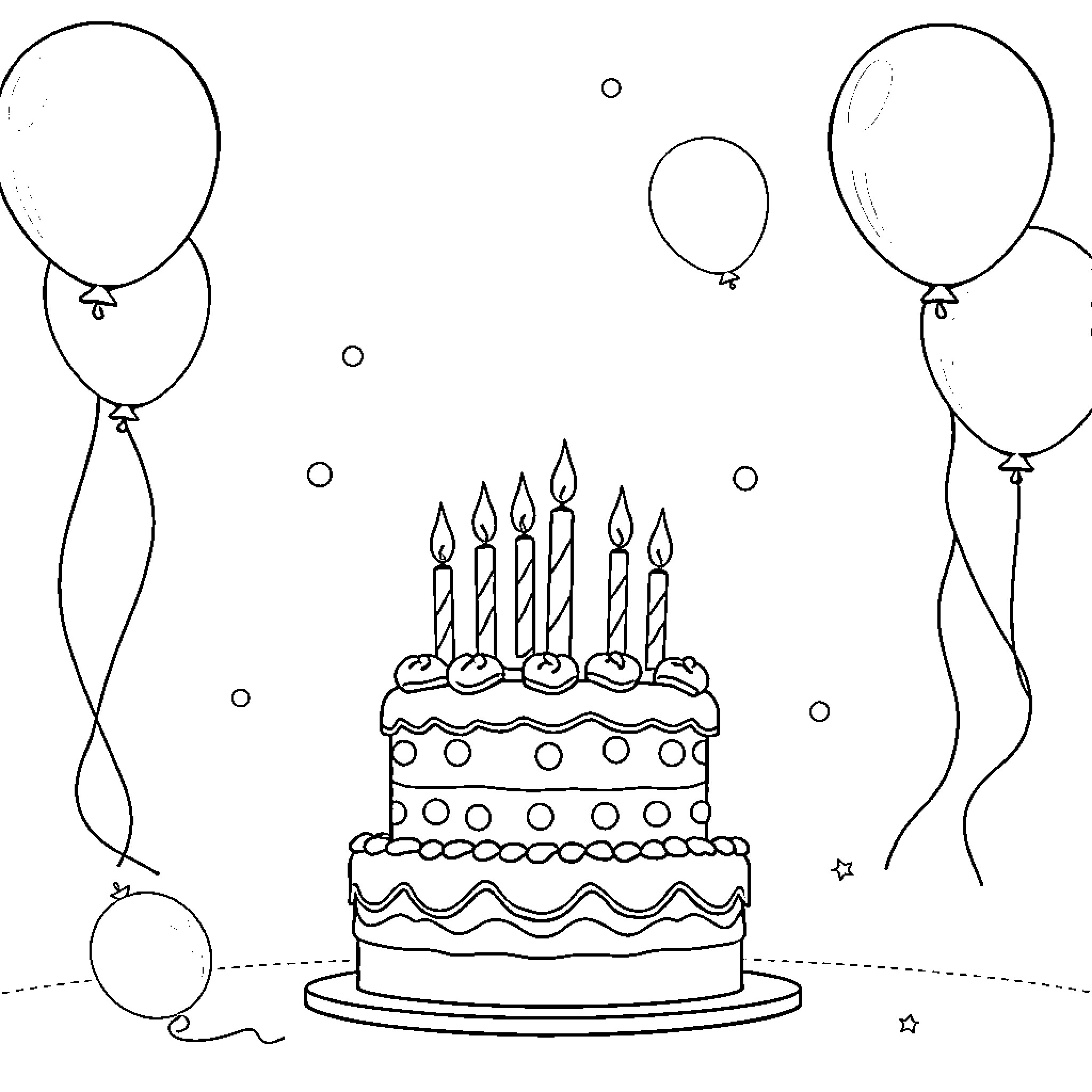 Cake with birthday candles and balloons Coloring Page (free black-and-white line drawing printable PDF for all, from beginners to advanced learners, including children, teens, adults, and seniors)