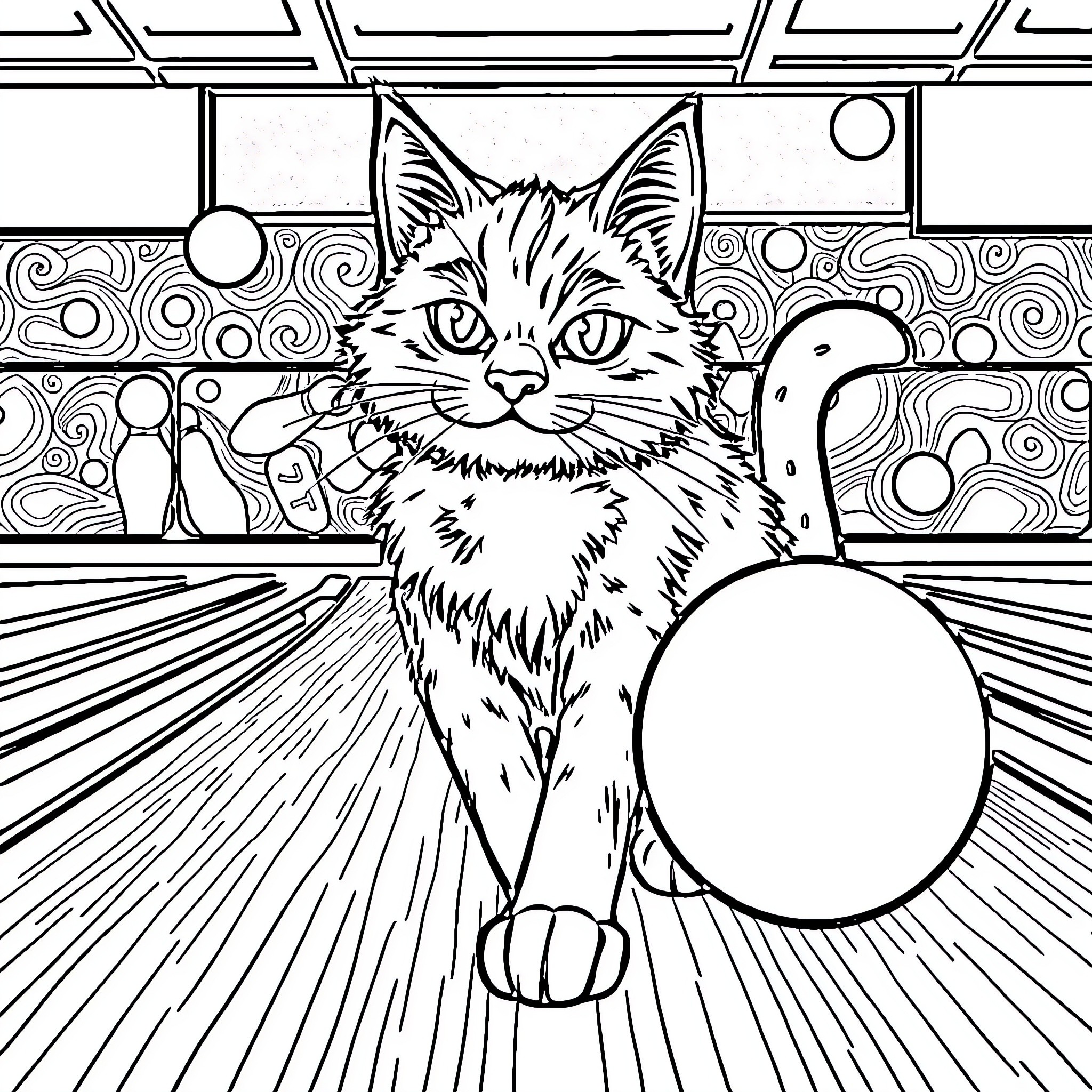 Bowling Kat strikes with determination Coloring Page (free black-and-white line drawing printable PDF for all, from beginners to advanced learners, including children, teens, adults, and seniors)