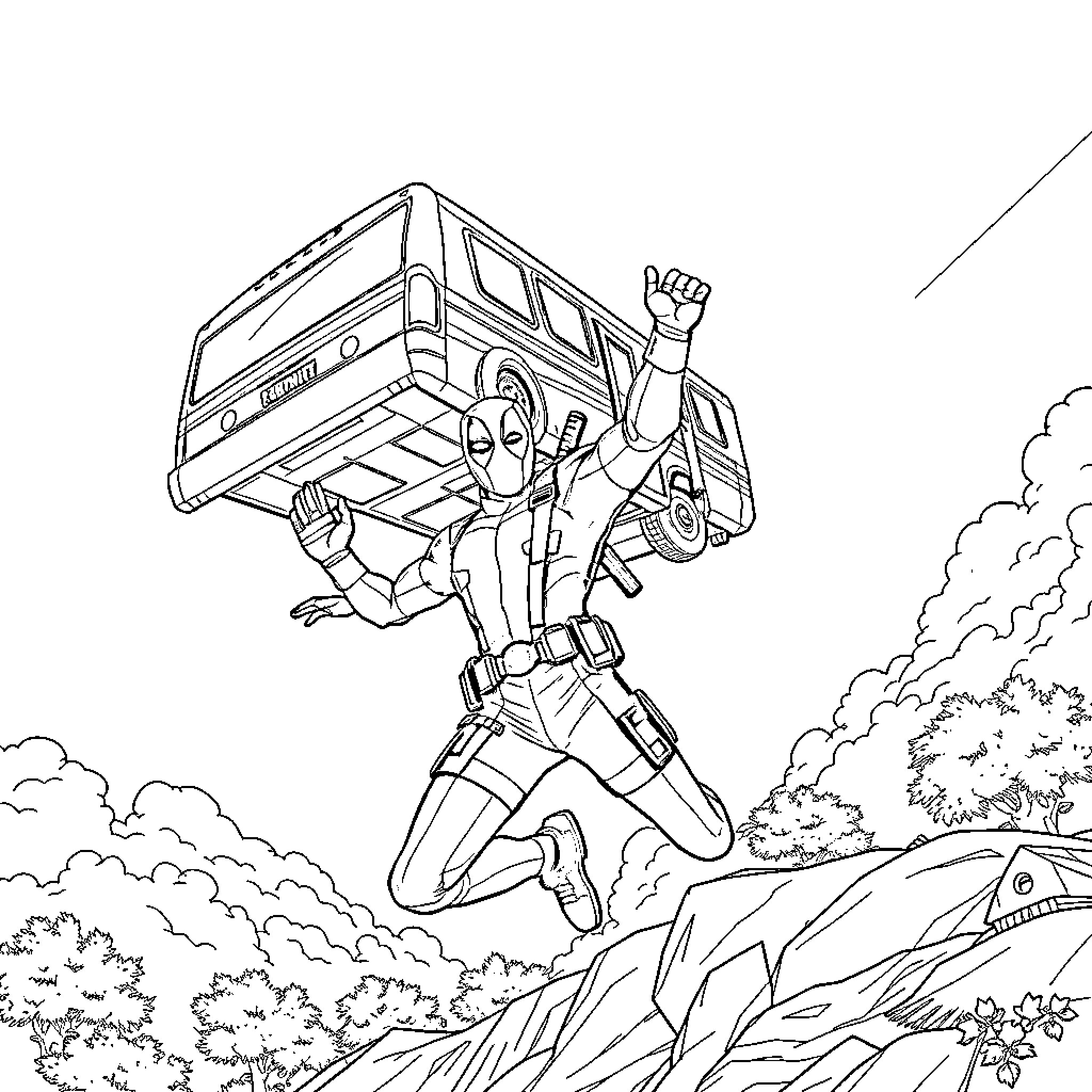 Deadpool's High-Flying Adventure in the Clouds Coloring Page (free black-and-white line drawing printable PDF for all, from beginners to advanced learners, including children, teens, adults, and seniors)