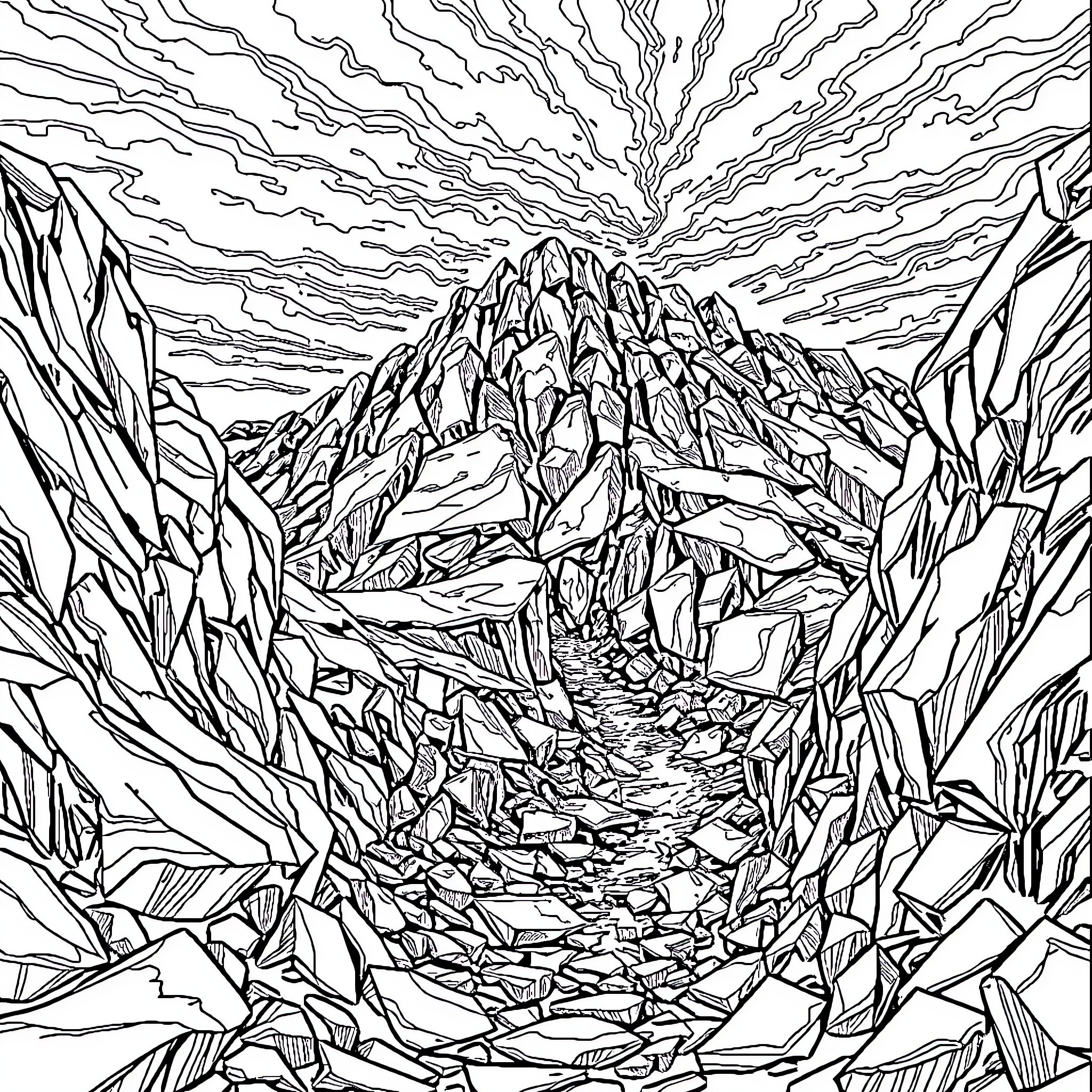 Crack Hill: Surreal Mountain Landscape Coloring Page (free black-and-white line drawing printable PDF for all, from beginners to advanced learners, including children, teens, adults, and seniors)