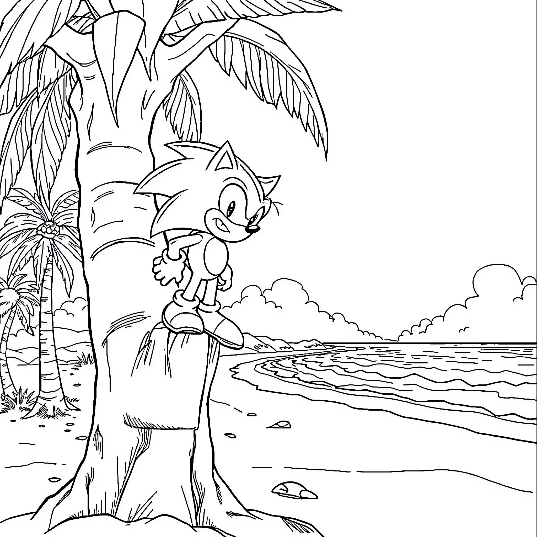 Sonic exploring tropical island paradise Coloring Page (free black-and-white line drawing printable PDF for all, from beginners to advanced learners, including children, teens, adults, and seniors)