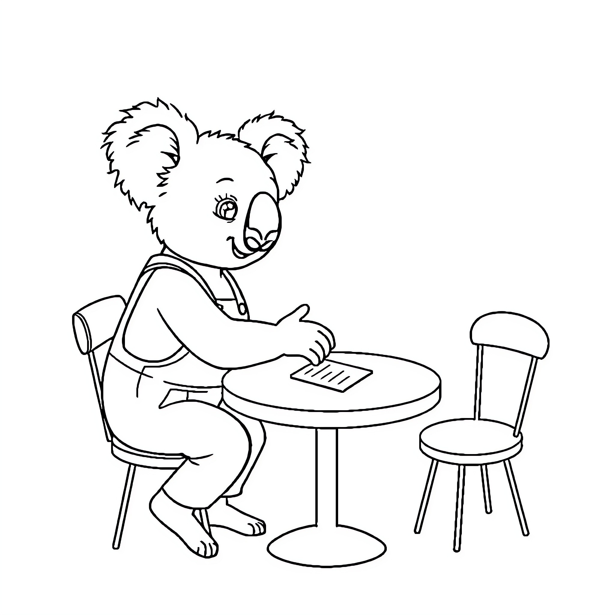 Koala working diligently at the desk Coloring Page (free black-and-white line drawing printable PDF for all, from beginners to advanced learners, including children, teens, adults, and seniors)