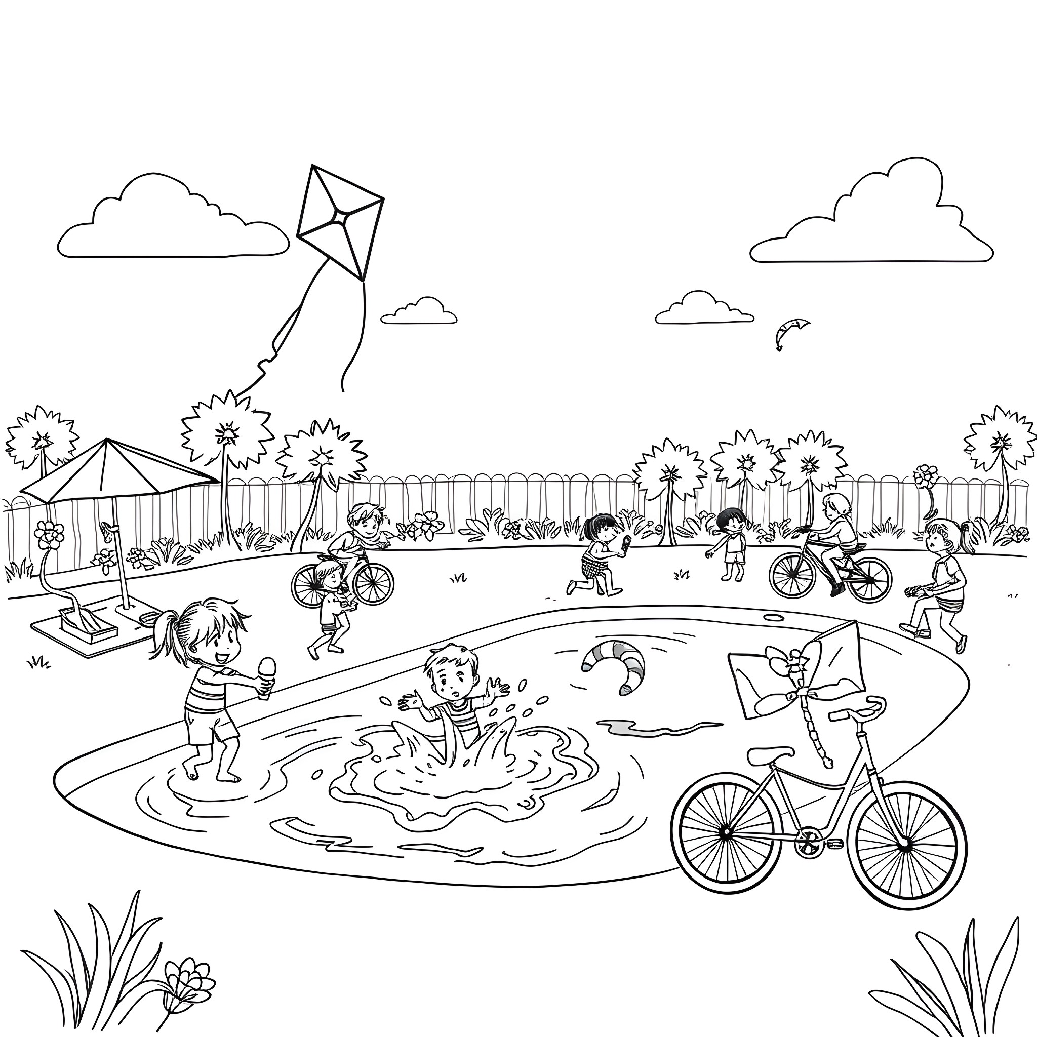 Children playing happily in the park Coloring Page (free black-and-white line drawing printable PDF for all, from beginners to advanced learners, including children, teens, adults, and seniors)