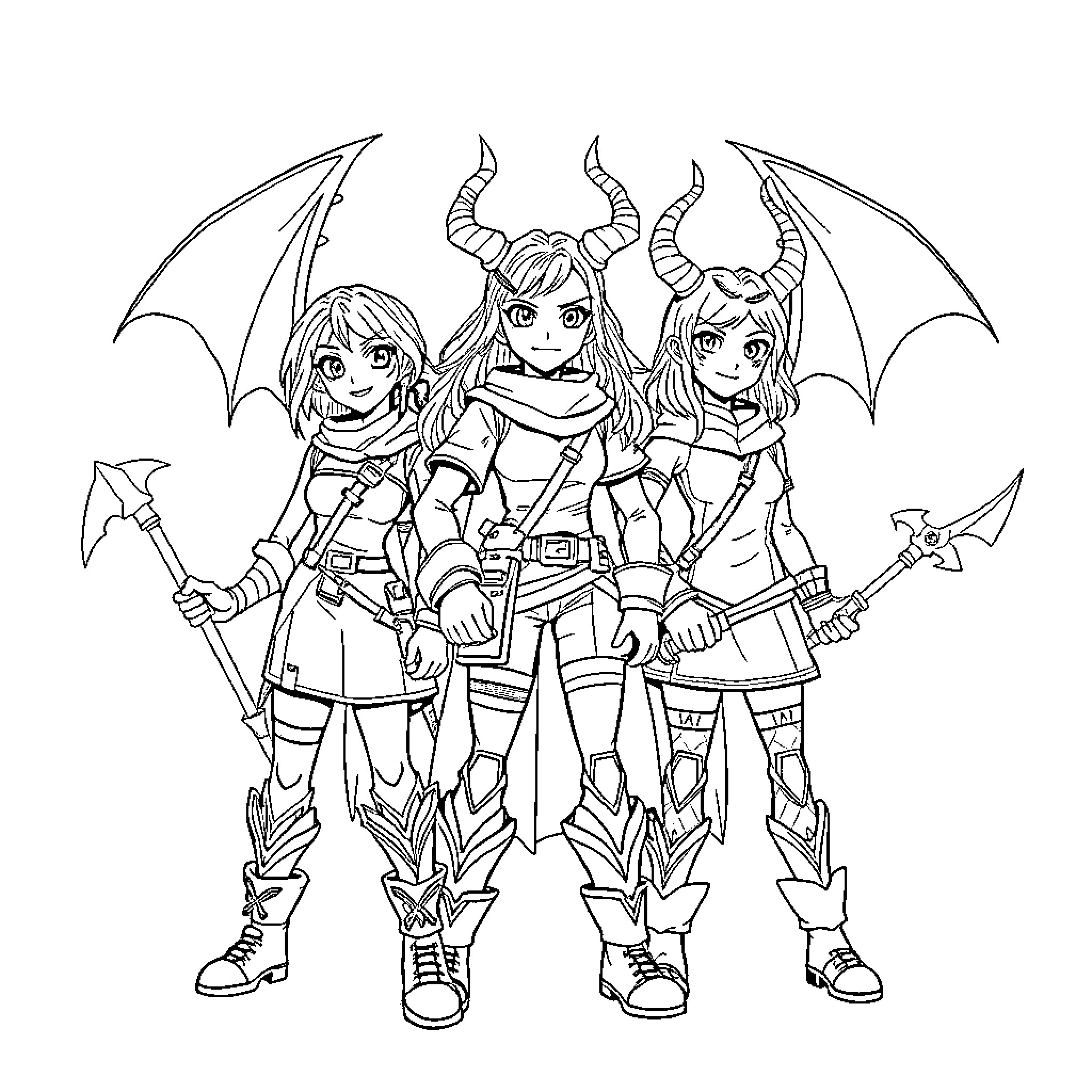 Demon Hunter Trio in Fantasy Outfits Coloring Page (free black-and-white line drawing printable PDF for all, from beginners to advanced learners, including children, teens, adults, and seniors)