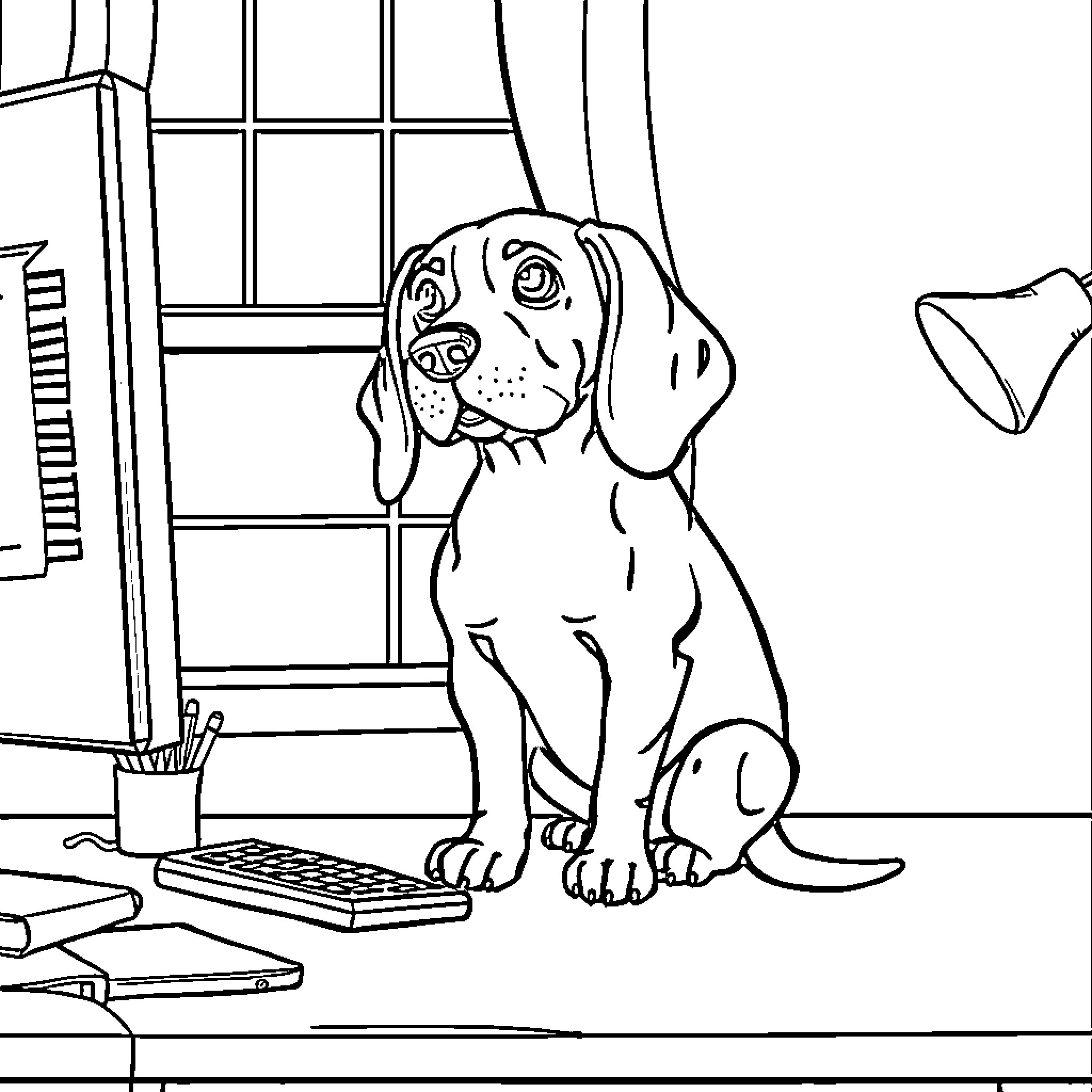 Beagle sitting by a computer desk Coloring Page (free black-and-white line drawing printable PDF for all, from beginners to advanced learners, including children, teens, adults, and seniors)