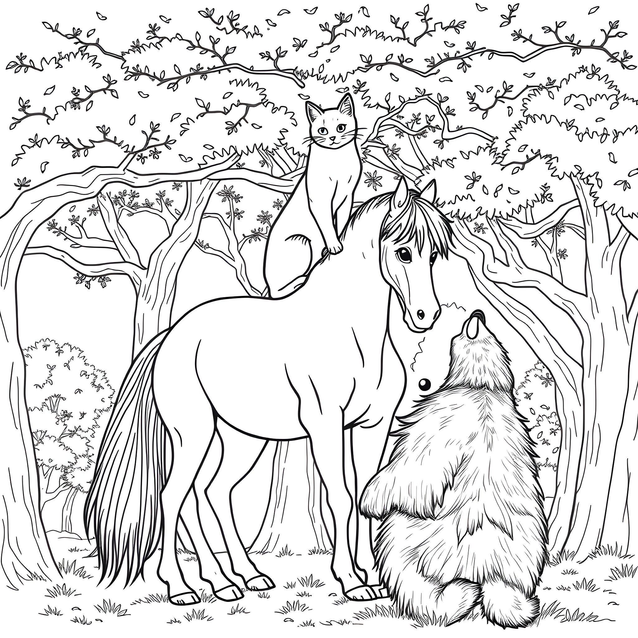 Cat, horse, and dog in a forest scene Coloring Page (free black-and-white line drawing printable PDF for all, from beginners to advanced learners, including children, teens, adults, and seniors)