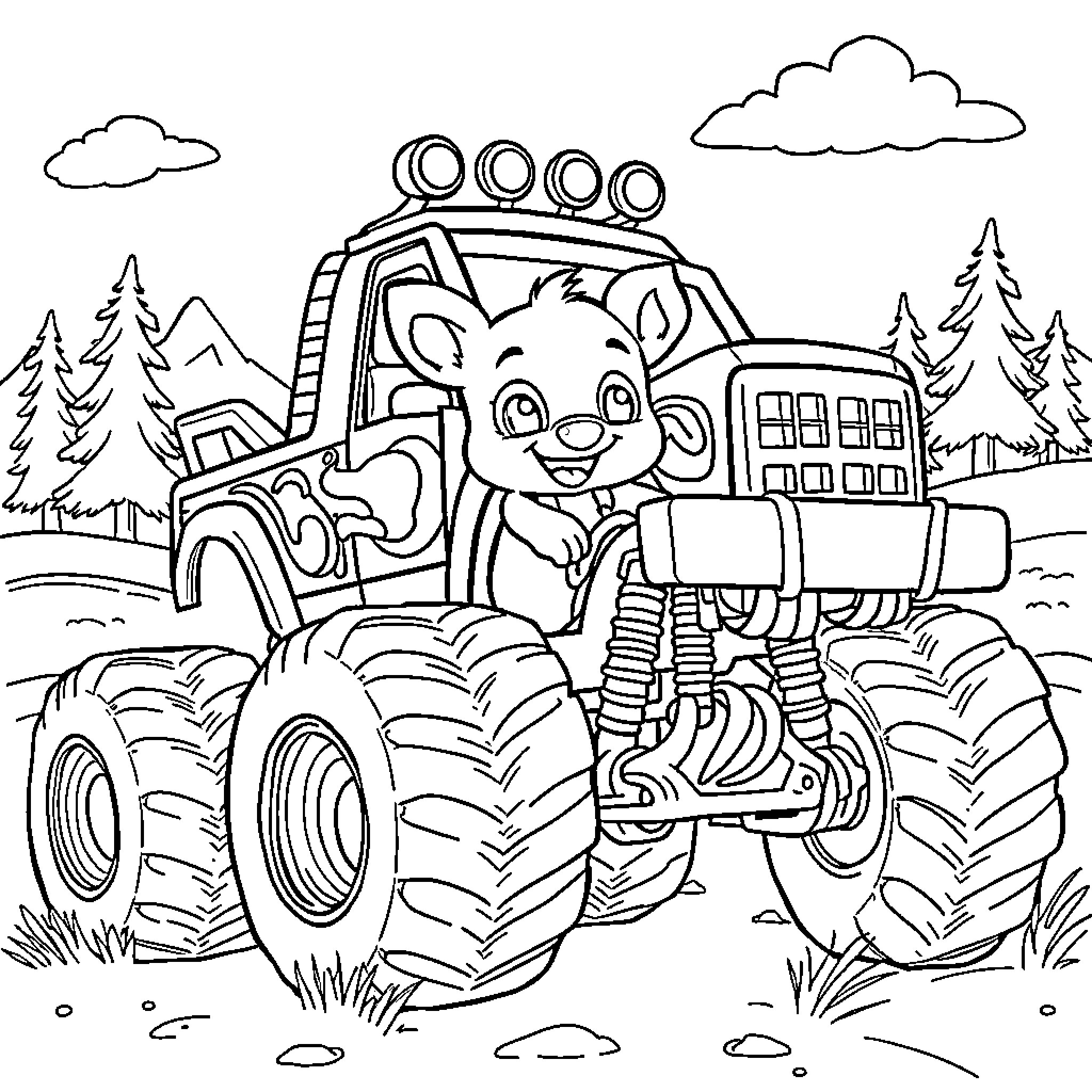 Bluey driving a monster truck through the countryside Coloring Page (free black-and-white line drawing printable PDF for all, from beginners to advanced learners, including children, teens, adults, and seniors)
