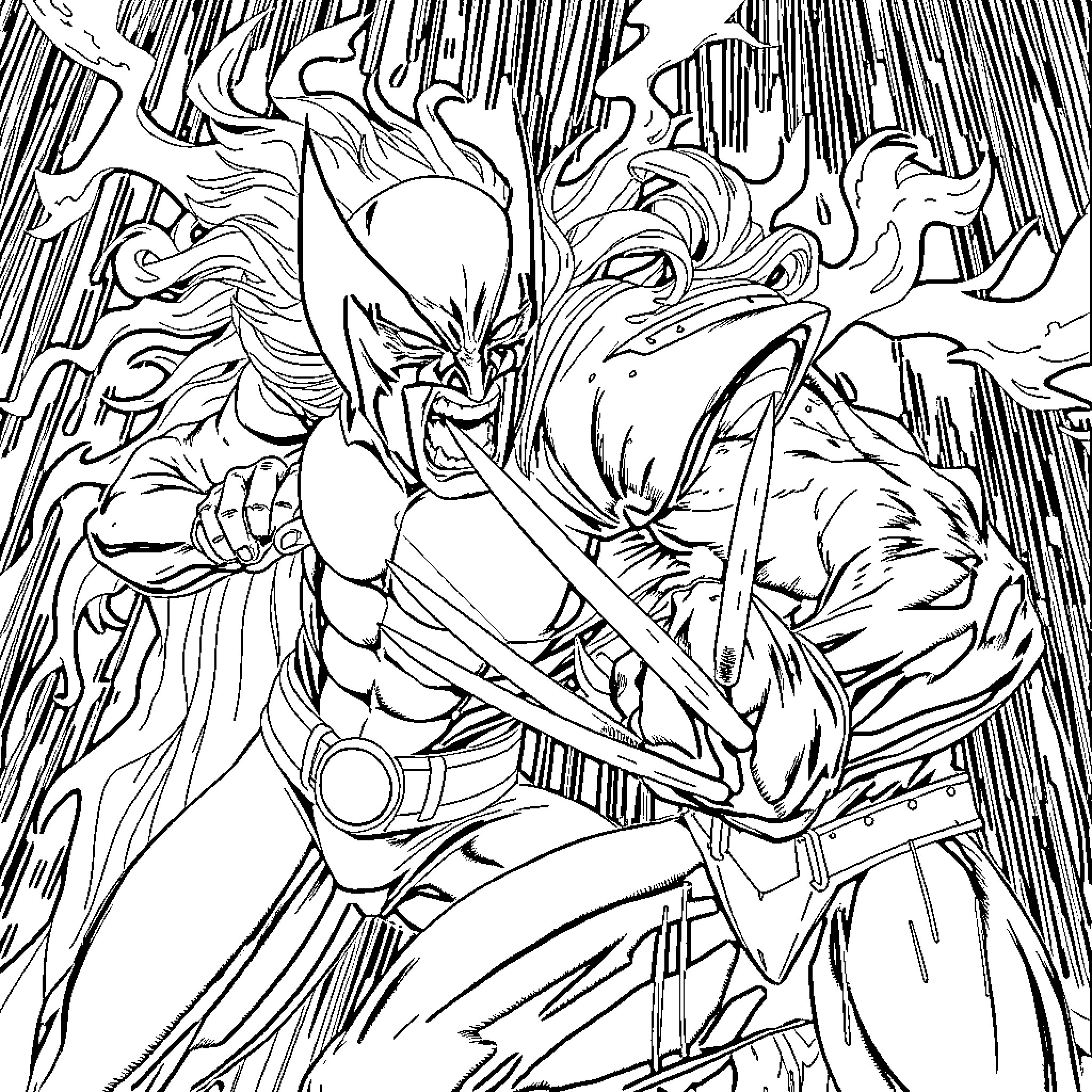 Wolverine's Fierce Encounter in the Shadowy Landscape Coloring Page (free black-and-white line drawing printable PDF for all, from beginners to advanced learners, including children, teens, adults, and seniors)