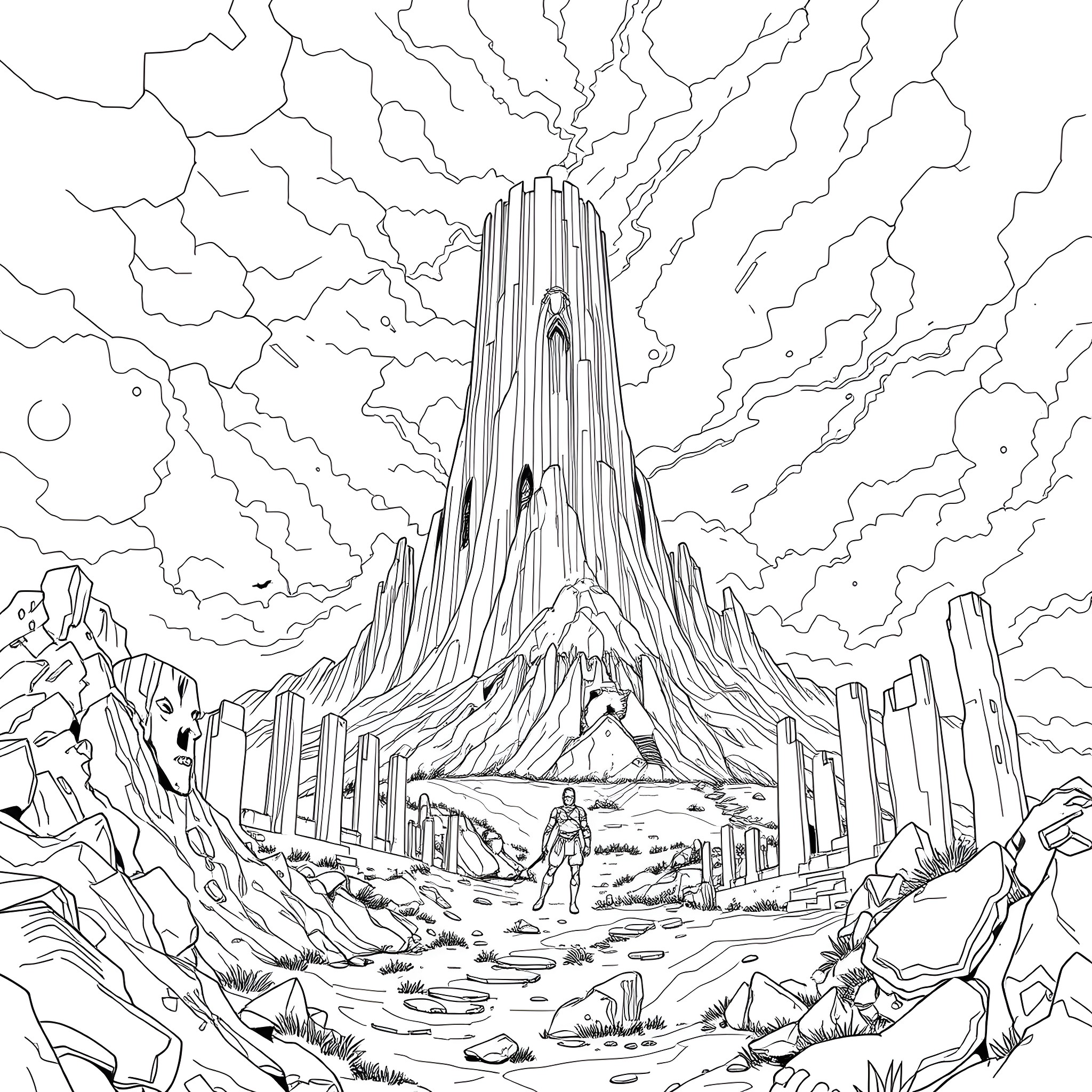 Colossus of a towering fantasy landscape Coloring Page (free black-and-white line drawing printable PDF for all, from beginners to advanced learners, including children, teens, adults, and seniors)