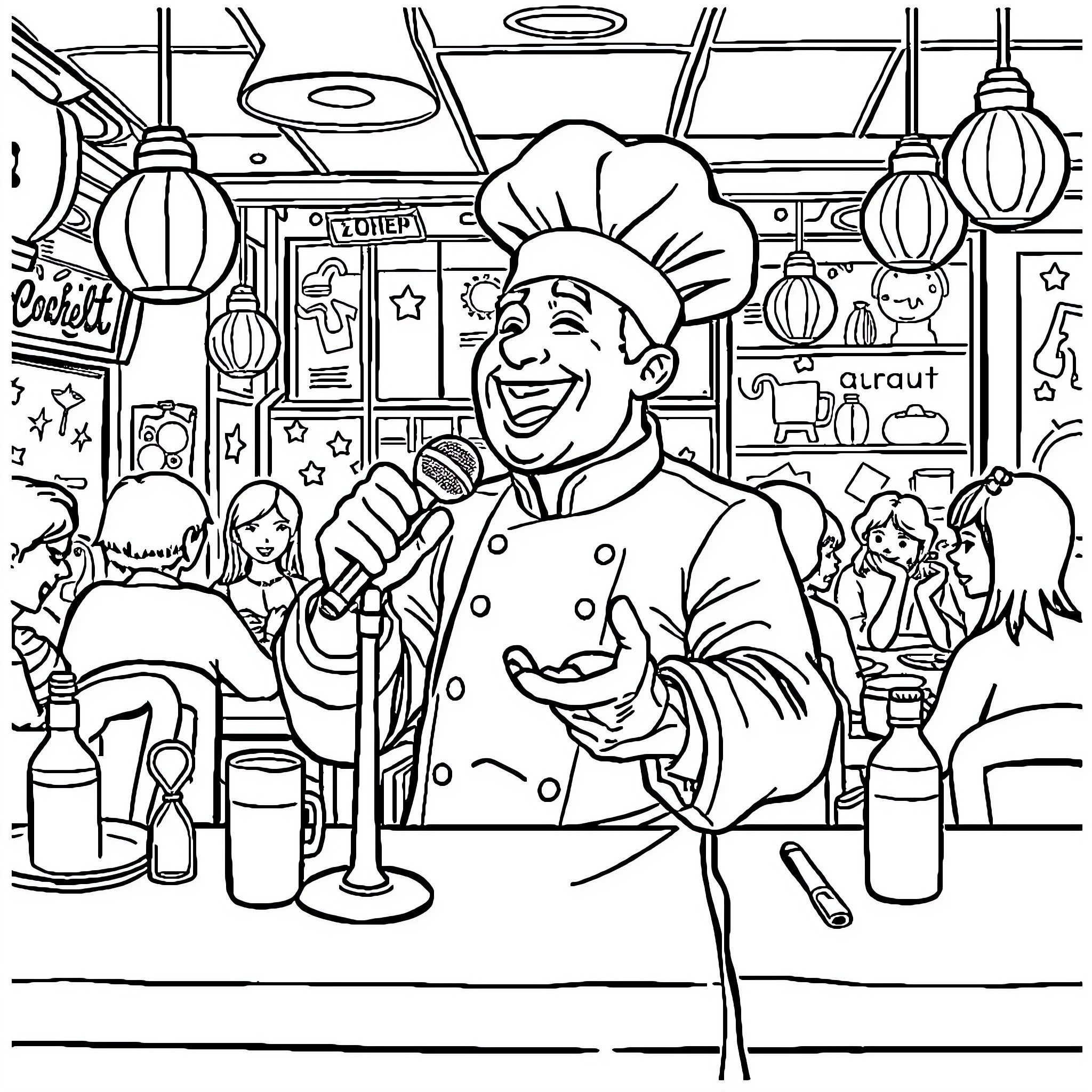 Chef Serving Cheerful Customers in Lively Restaurant Coloring Page (free black-and-white line drawing printable PDF for all, from beginners to advanced learners, including children, teens, adults, and seniors)