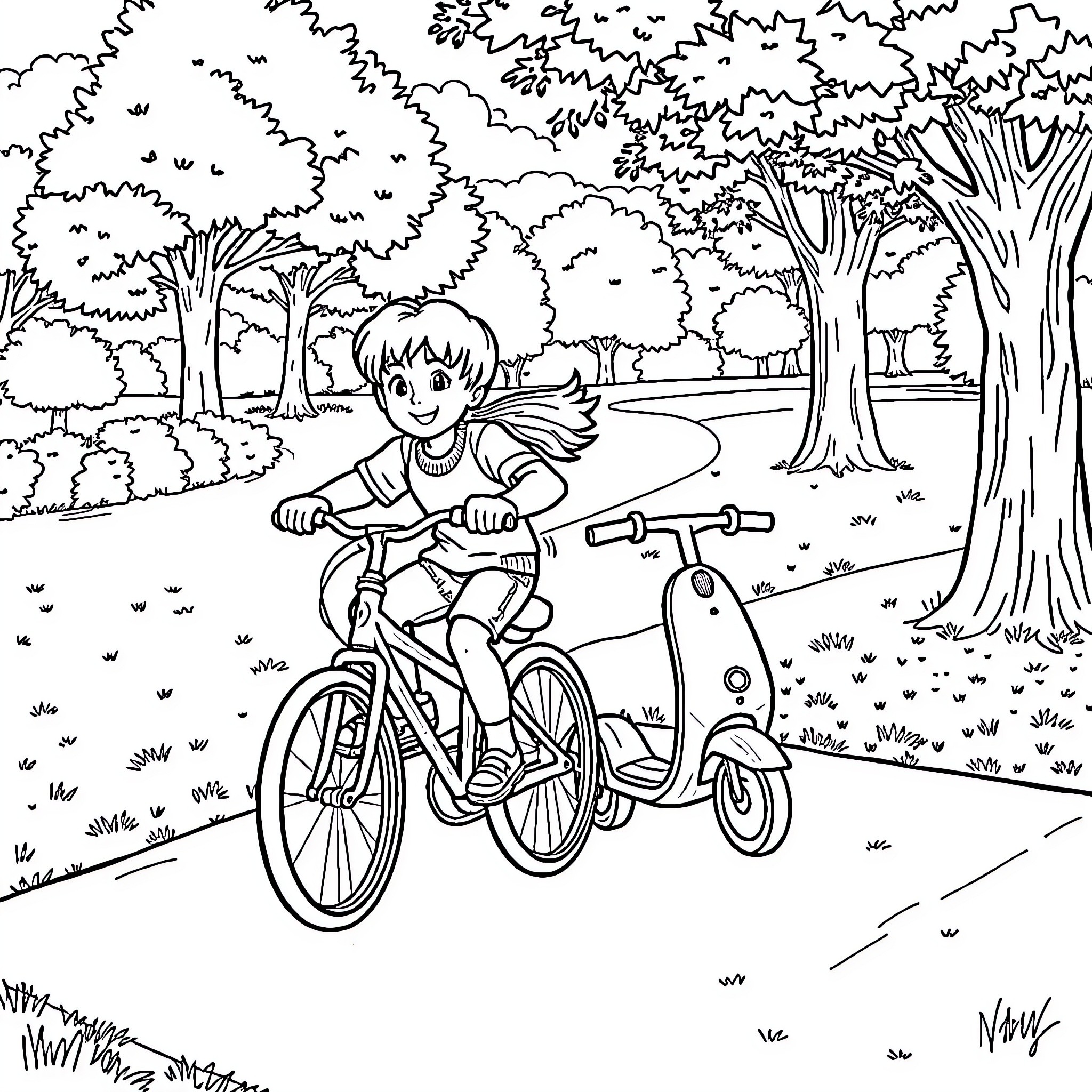 Siblings riding bicycles in the park Coloring Page (free black-and-white line drawing printable PDF for all, from beginners to advanced learners, including children, teens, adults, and seniors)