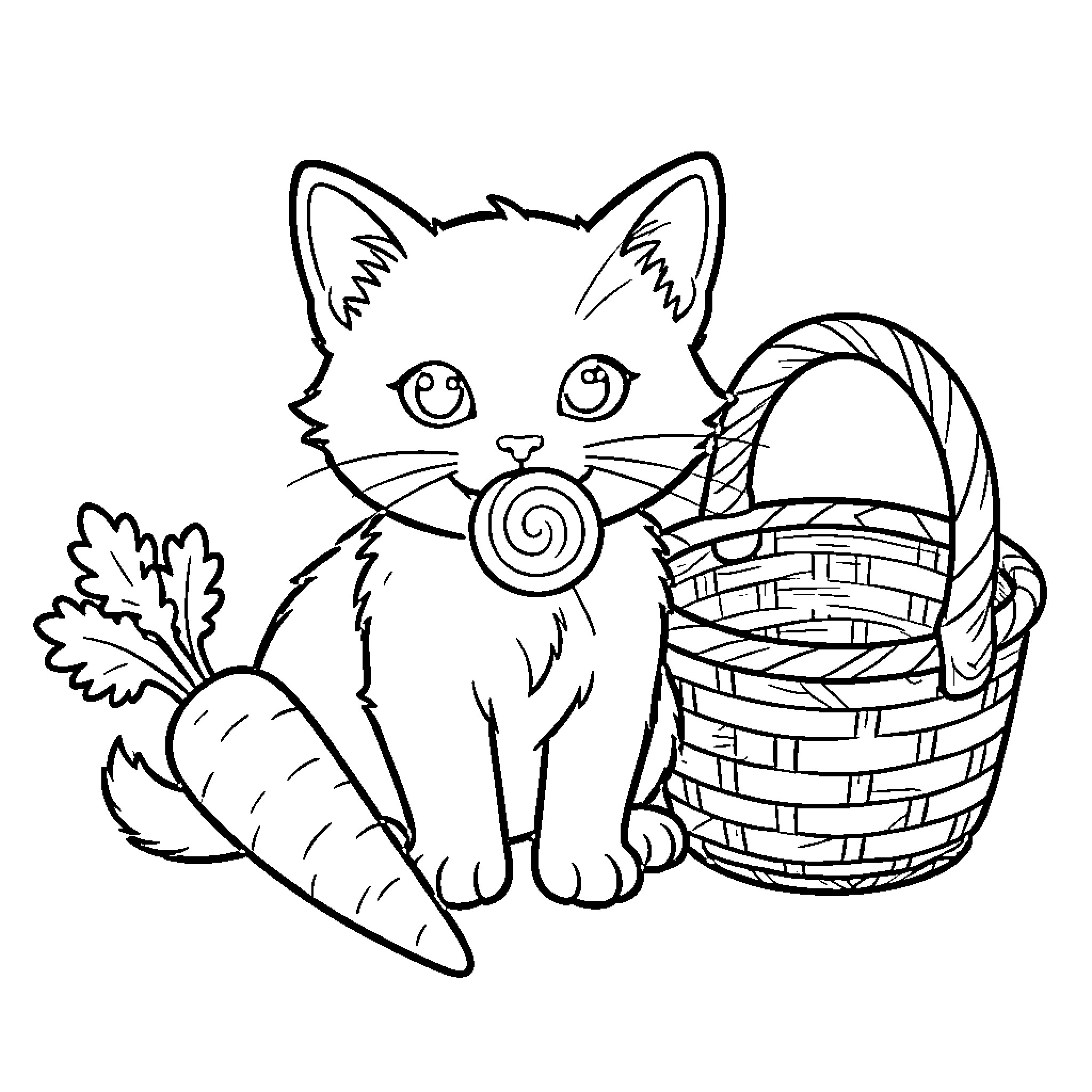 Kitten sitting with a lollipop and a basket Coloring Page (free black-and-white line drawing printable PDF for all, from beginners to advanced learners, including children, teens, adults, and seniors)