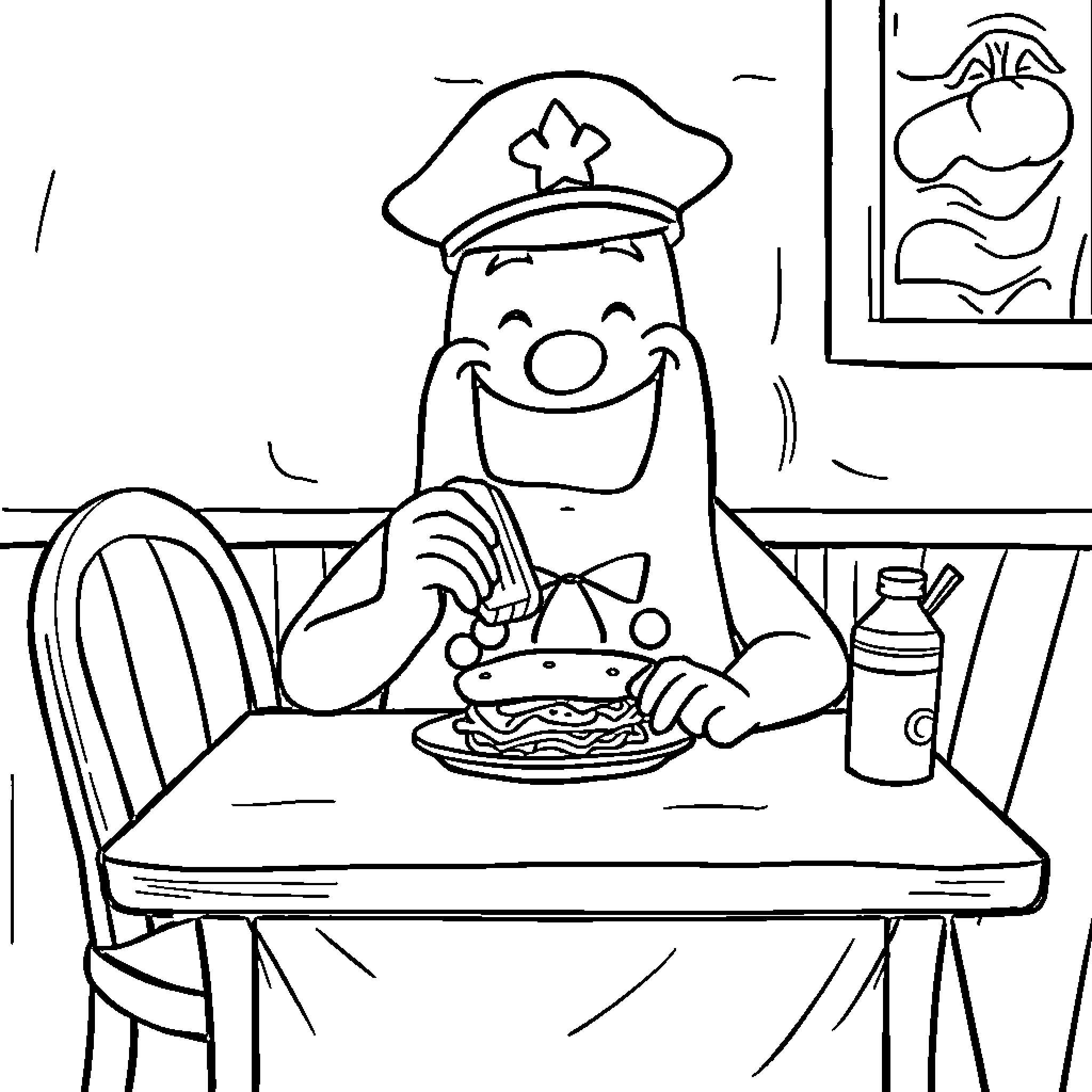 Captain Underpants enjoying a hamburger at the diner Coloring Page (free black-and-white line drawing printable PDF for all, from beginners to advanced learners, including children, teens, adults, and seniors)