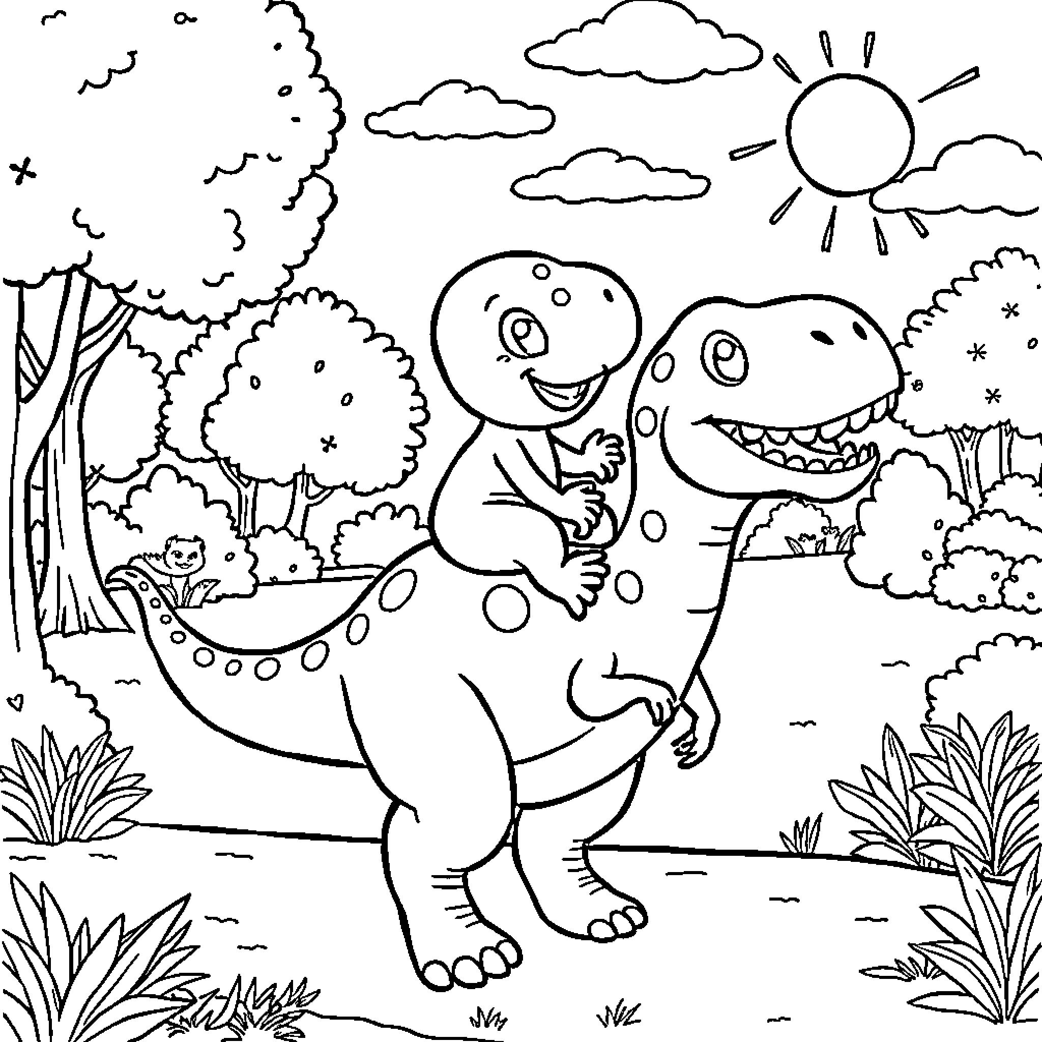 Bluey and friend enjoying the outdoors Coloring Page (free black-and-white line drawing printable PDF for all, from beginners to advanced learners, including children, teens, adults, and seniors)
