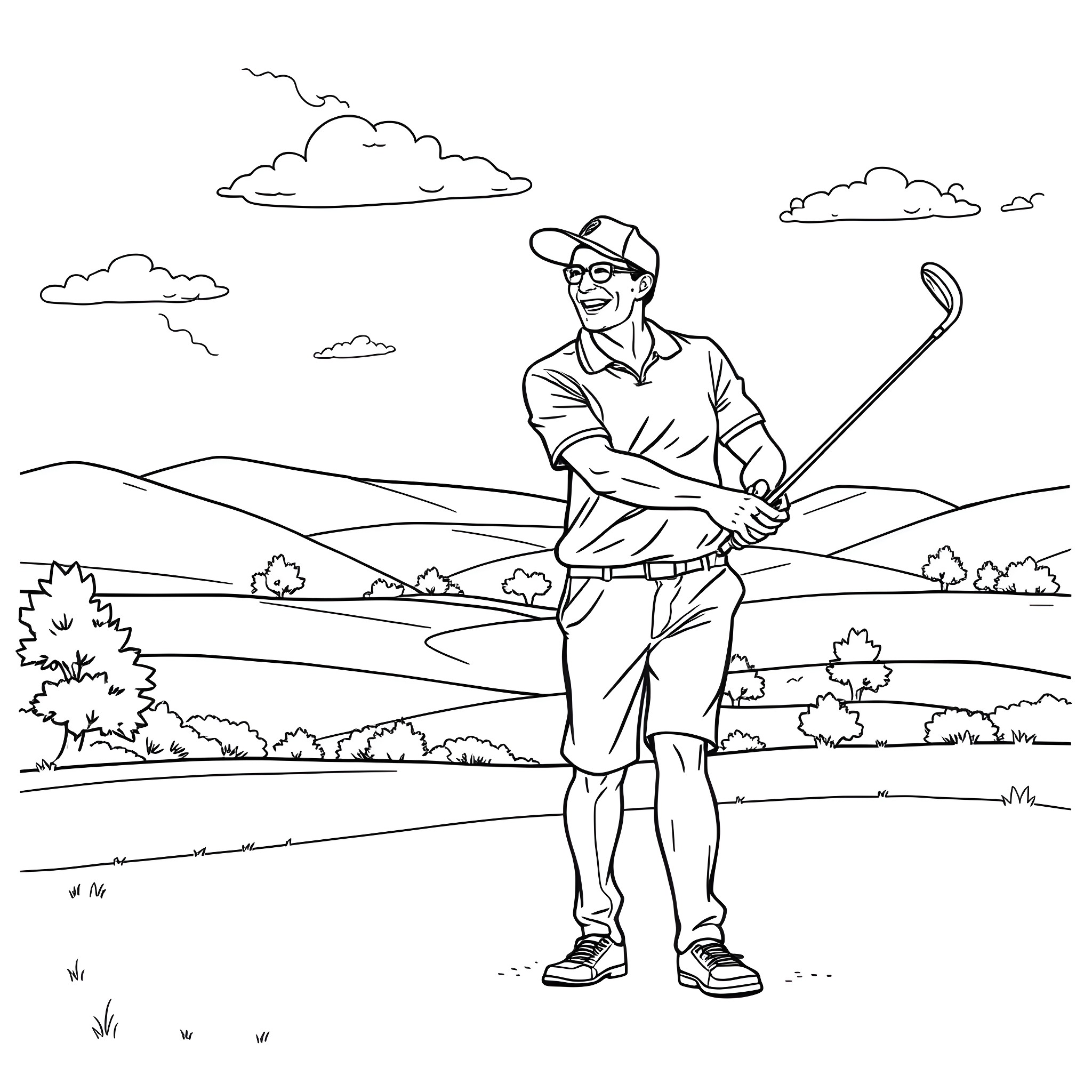 Golf player enjoying the game in the countryside Coloring Page (free black-and-white line drawing printable PDF for all, from beginners to advanced learners, including children, teens, adults, and seniors)