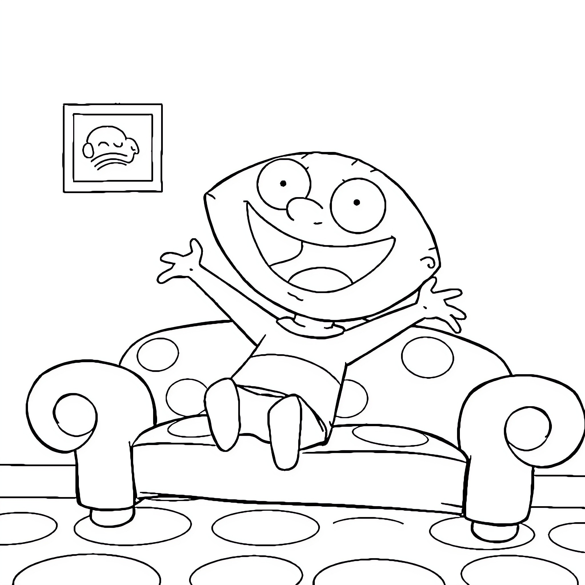 Stewie Griffin relaxing on the couch Coloring Page (free black-and-white line drawing printable PDF for all, from beginners to advanced learners, including children, teens, adults, and seniors)