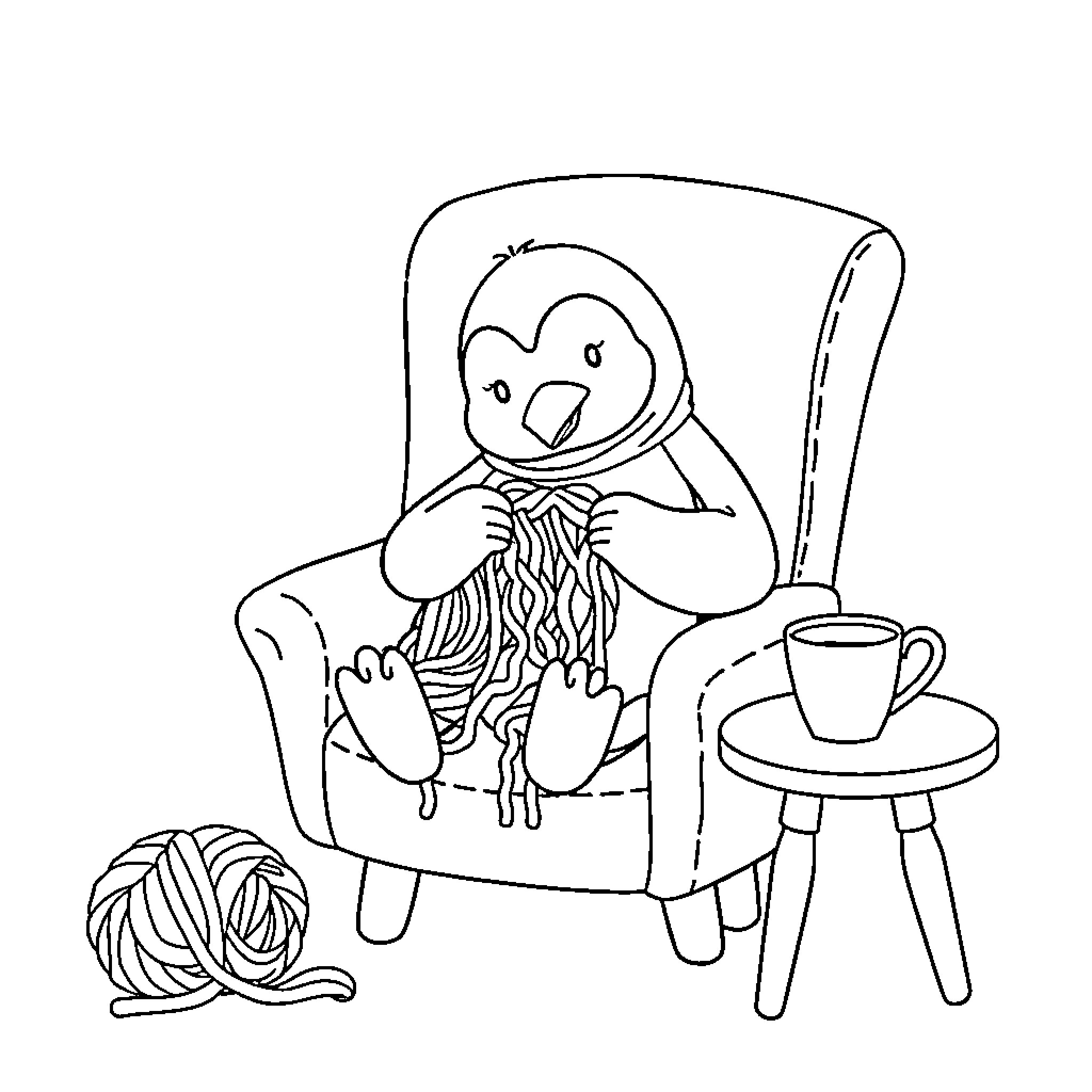 Penguin knitting cozy in armchair Coloring Page (free black-and-white line drawing printable PDF for all, from beginners to advanced learners, including children, teens, adults, and seniors)