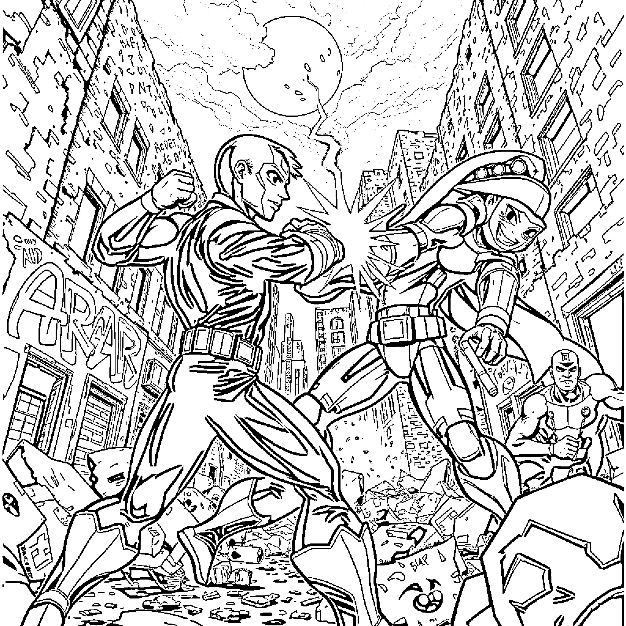 Kid Danger Battles Villains in Chaotic City Scene Coloring Page (free black-and-white line drawing printable PDF for all, from beginners to advanced learners, including children, teens, adults, and seniors)