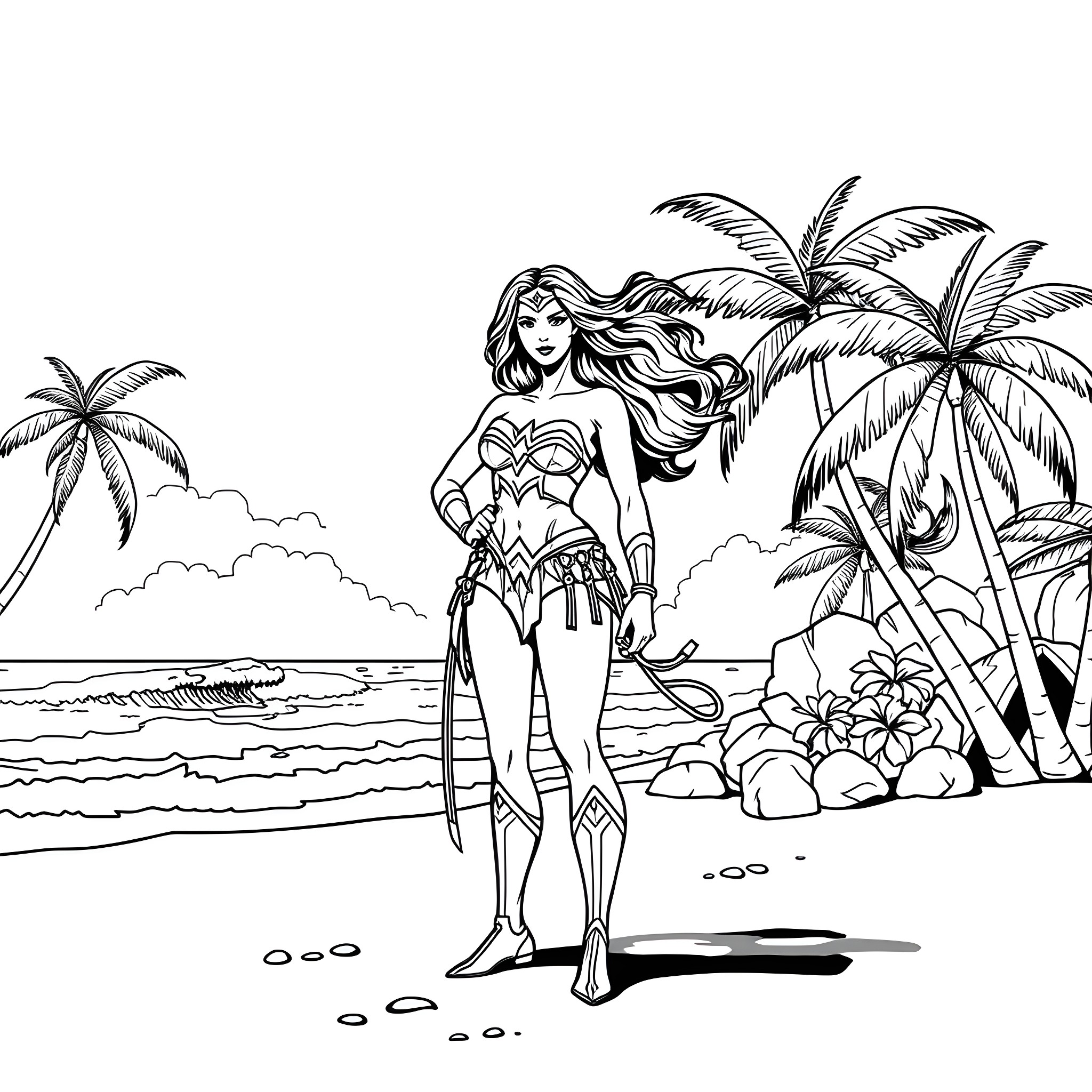 Wonder Woman standing on a tropical beach Coloring Page (free black-and-white line drawing printable PDF for all, from beginners to advanced learners, including children, teens, adults, and seniors)