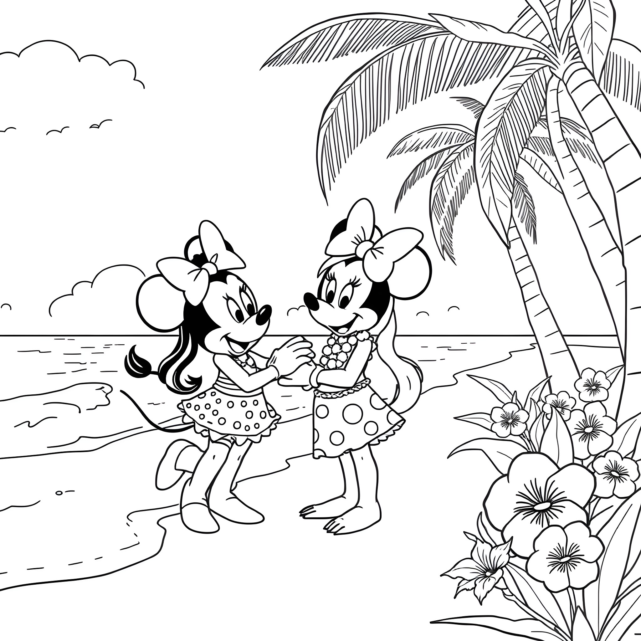Minnie Mouse and friend enjoying a day at the beach Coloring Page (free black-and-white line drawing printable PDF for all, from beginners to advanced learners, including children, teens, adults, and seniors)