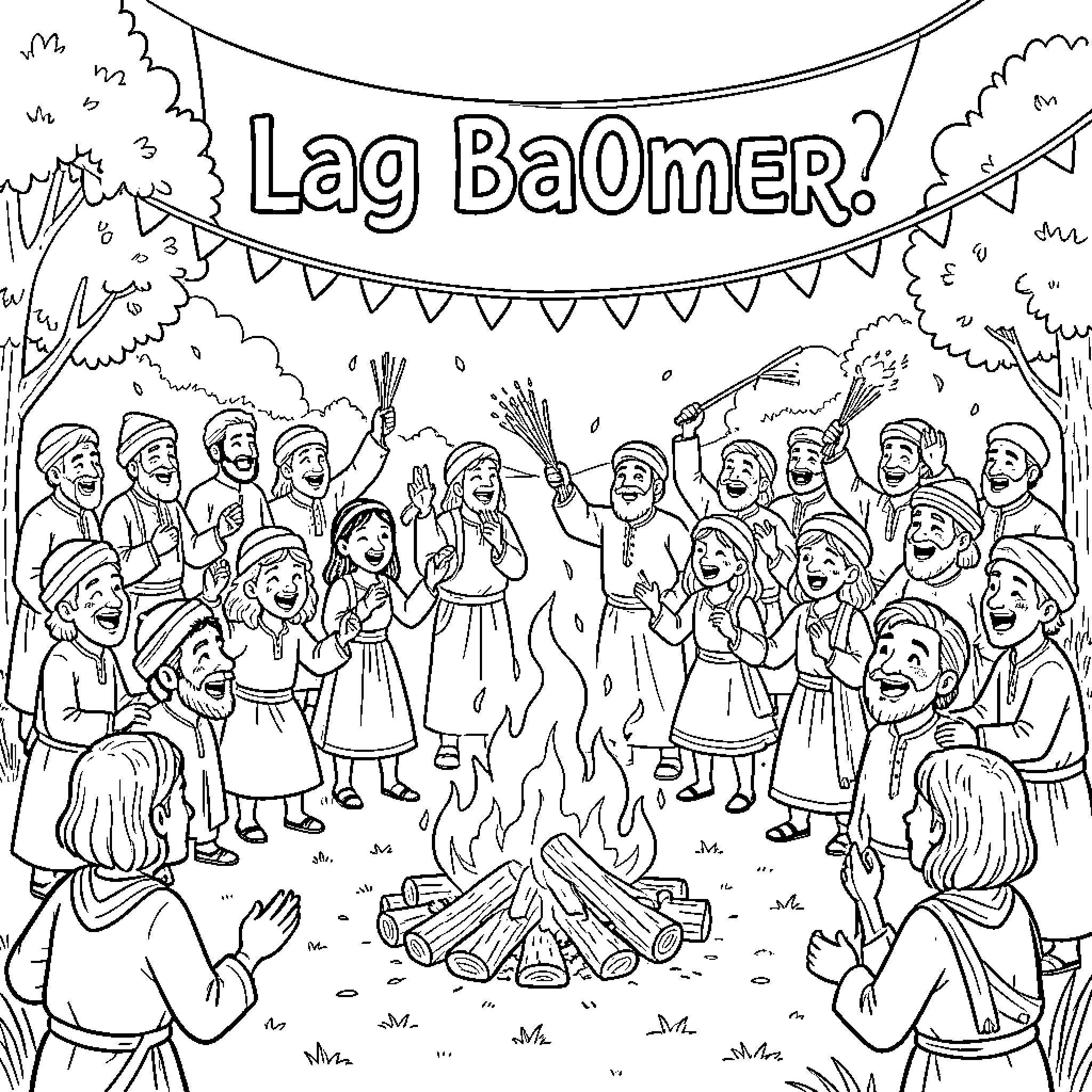 LagBA'Omer celebration with joyful festivities Coloring Page (free black-and-white line drawing printable PDF for all, from beginners to advanced learners, including children, teens, adults, and seniors)