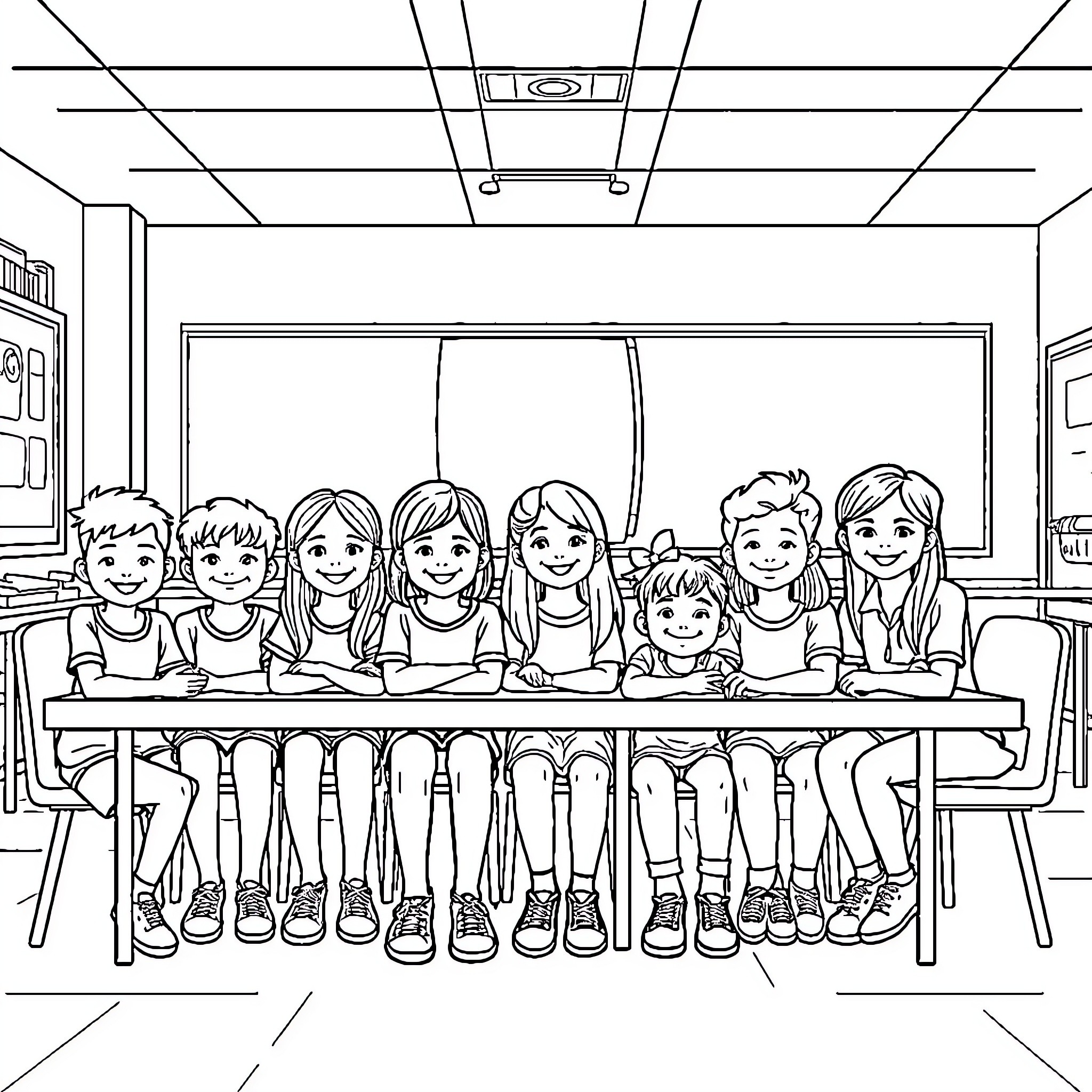 Students working together in classroom Coloring Page (free black-and-white line drawing printable PDF for all, from beginners to advanced learners, including children, teens, adults, and seniors)